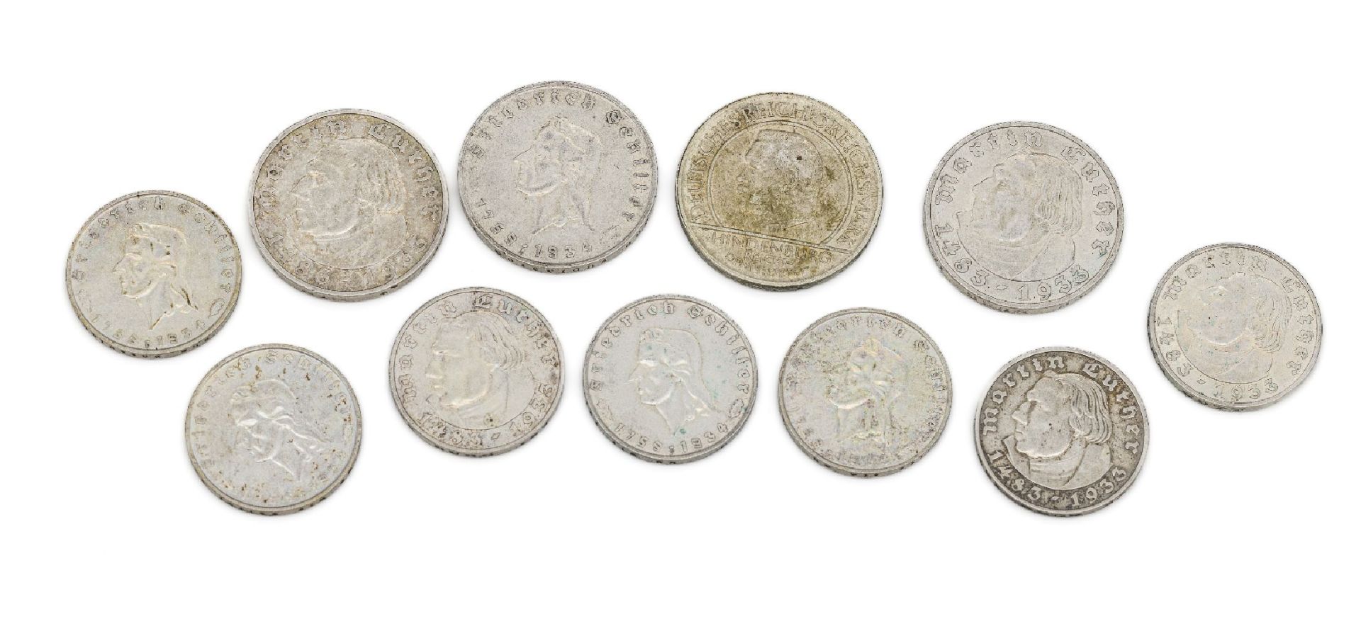 Konvolut 11 Silbermünzen,   7 x 2 Deutsche Reichsmark: 4 x