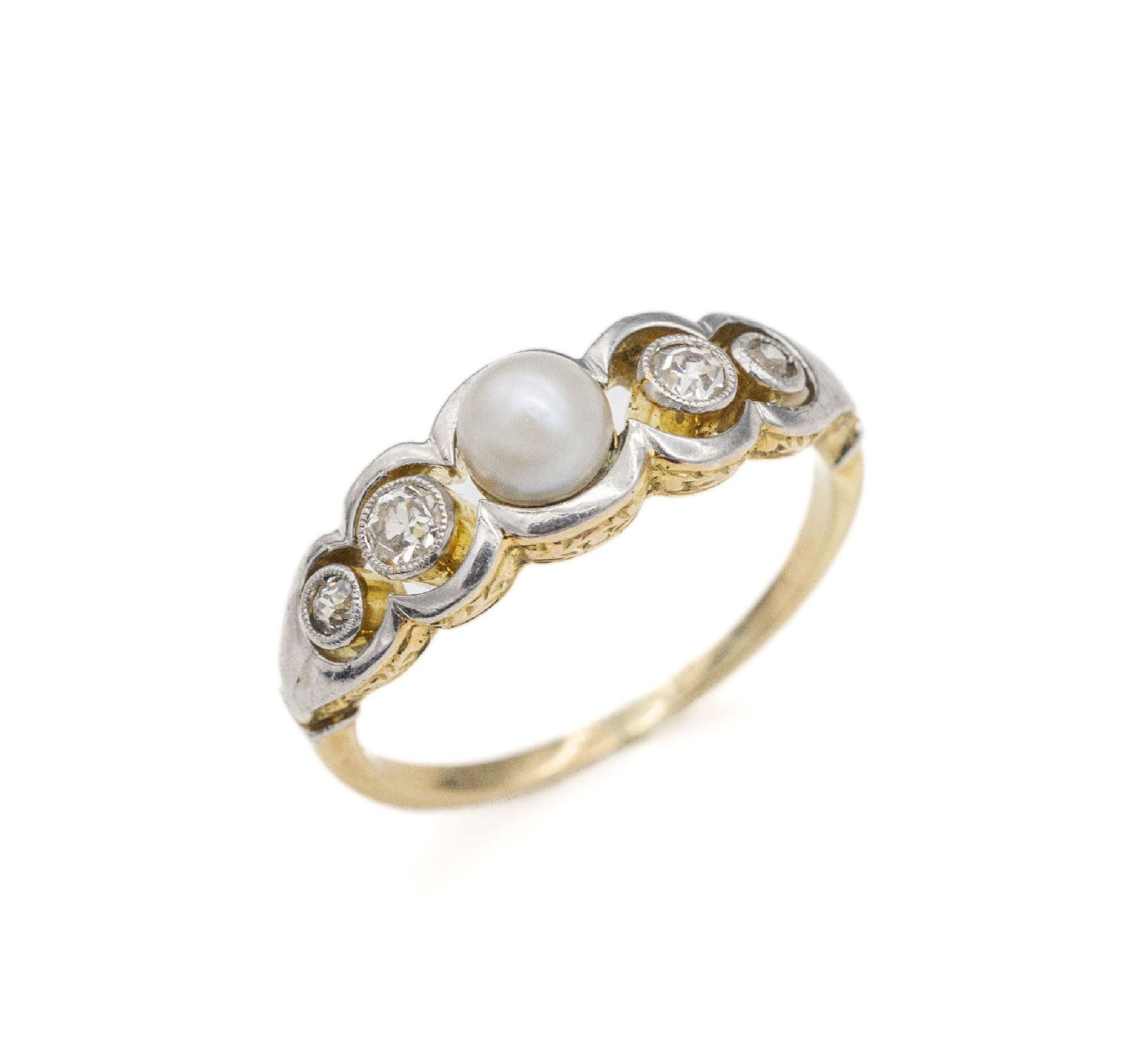 18 kt Gold Diamant-Perl-Ring,   GG 750/000, um 1910,