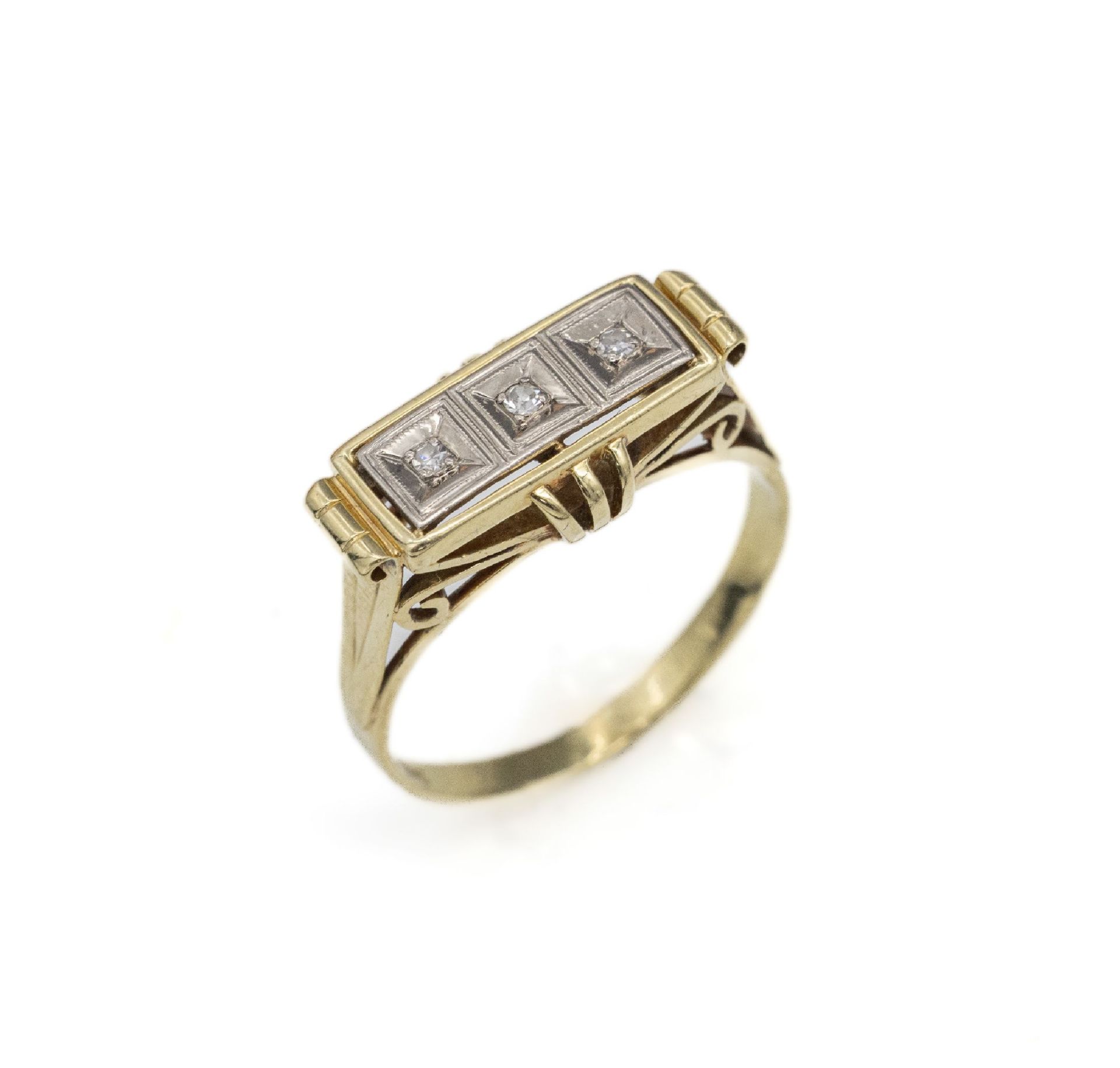 14 kt Gold Diamant-Ring,   GG/WG 585/000, um 1950,