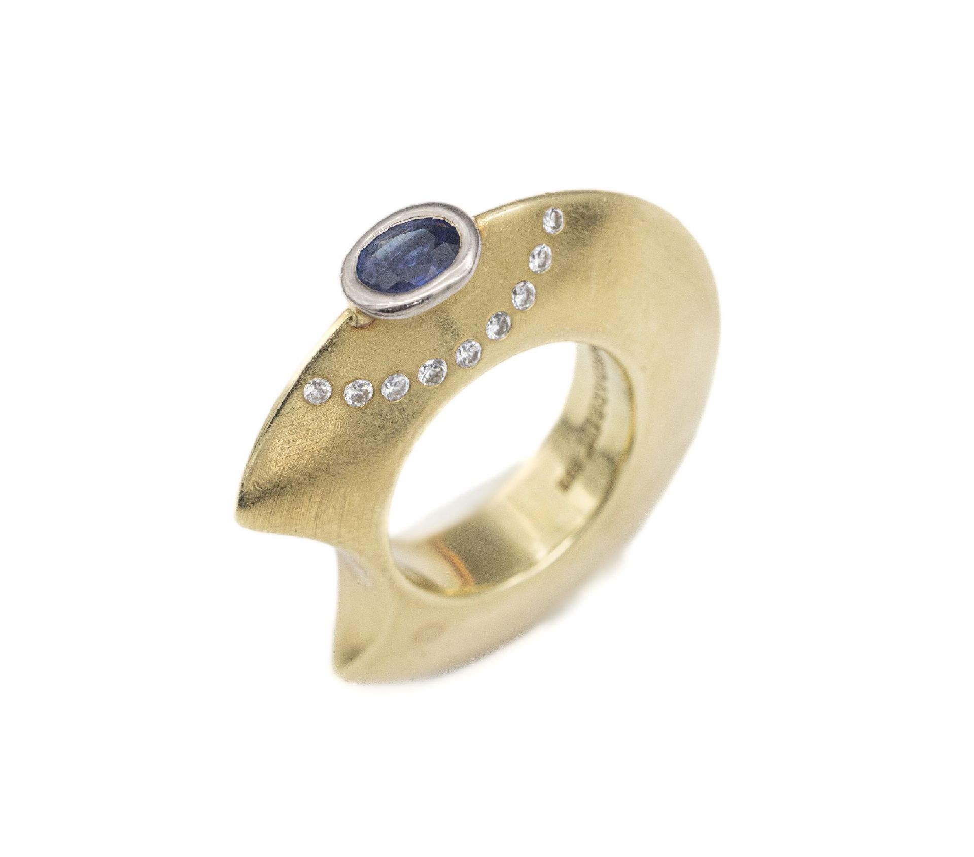 14 kt Gold Design Saphir-Brillant-Ring,   GG/WG 585/000,