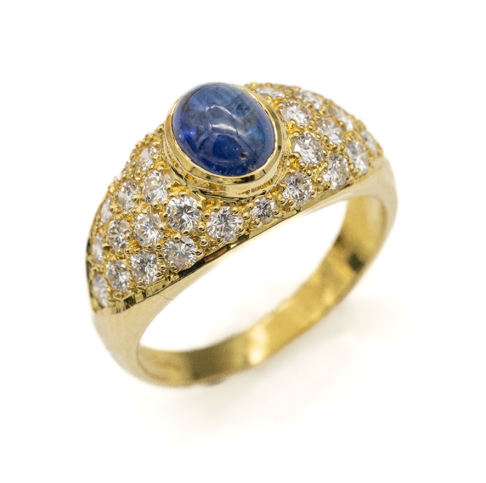 18 kt Gold Saphir-Brillant-Ring, GG 750/000, mittig