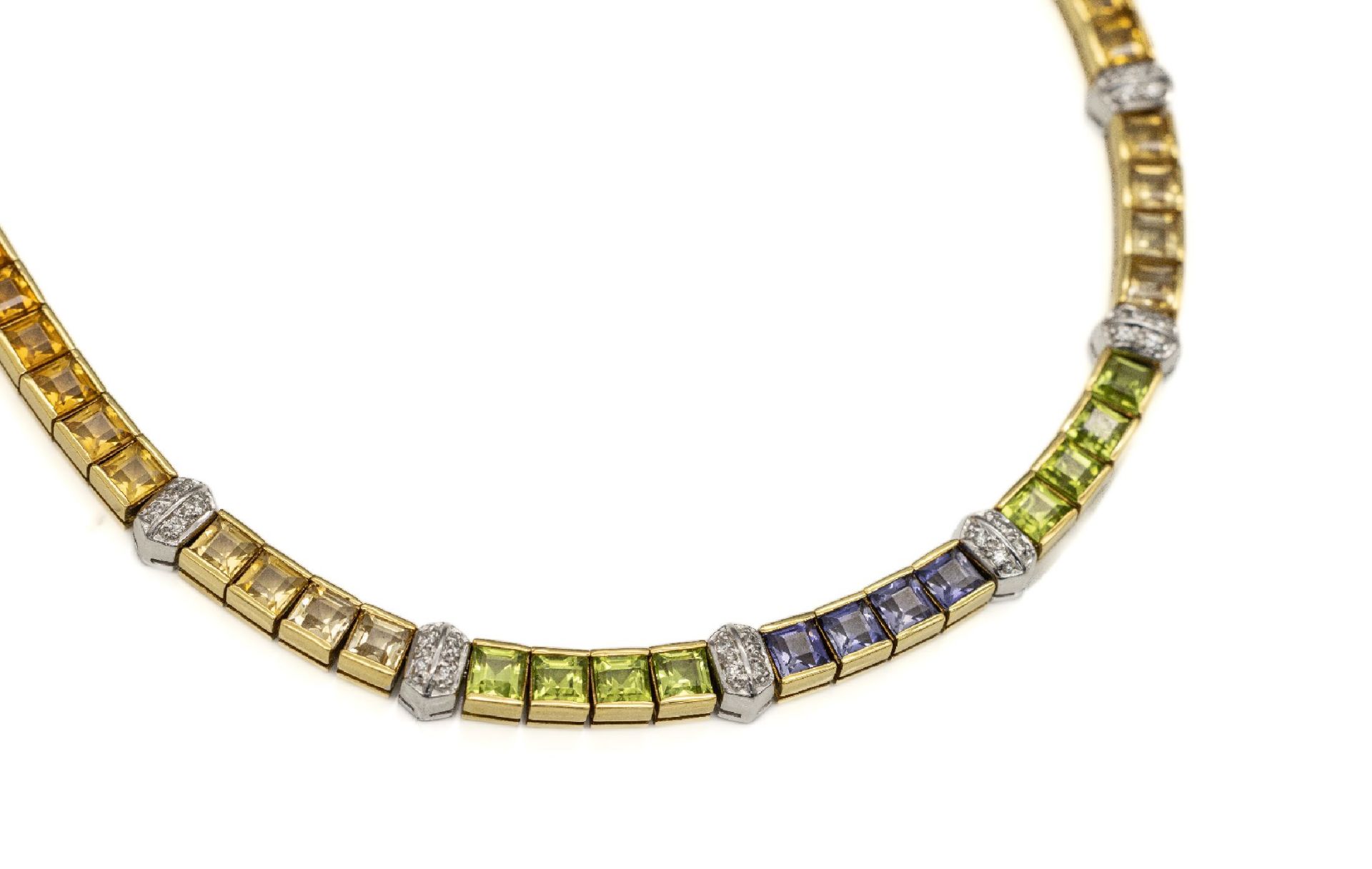 18 kt Gold Farbstein Regenbogen Brillant- Collier, GG