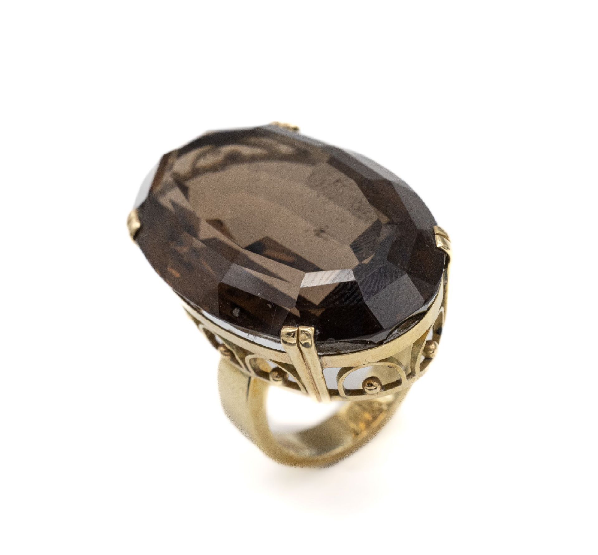 14 kt Gold Rauchquarz-Ring, GG 585/000,   bogenförm.