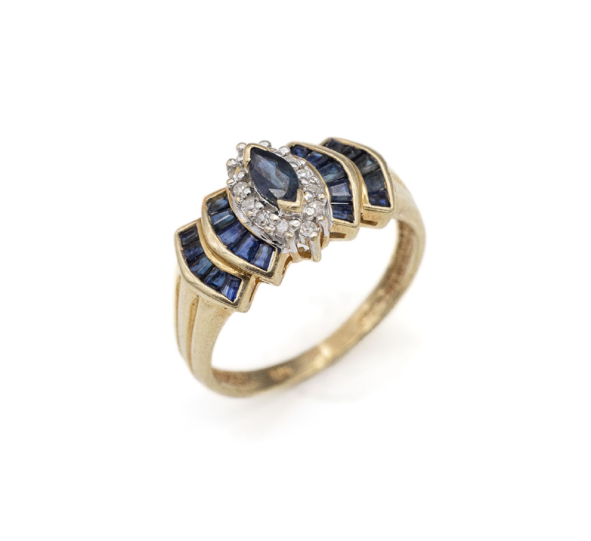 10 kt Gold Saphir-Diamant-Ring,   GG/WG 416/000,