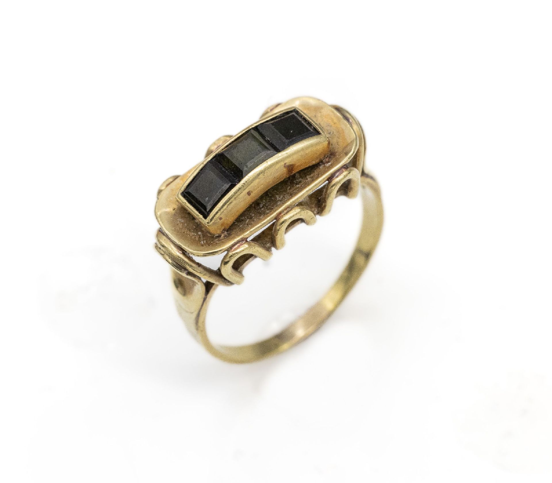 14 kt Gold Turmalin-Ring, GG 585/000, 3 Turmalincarrees,