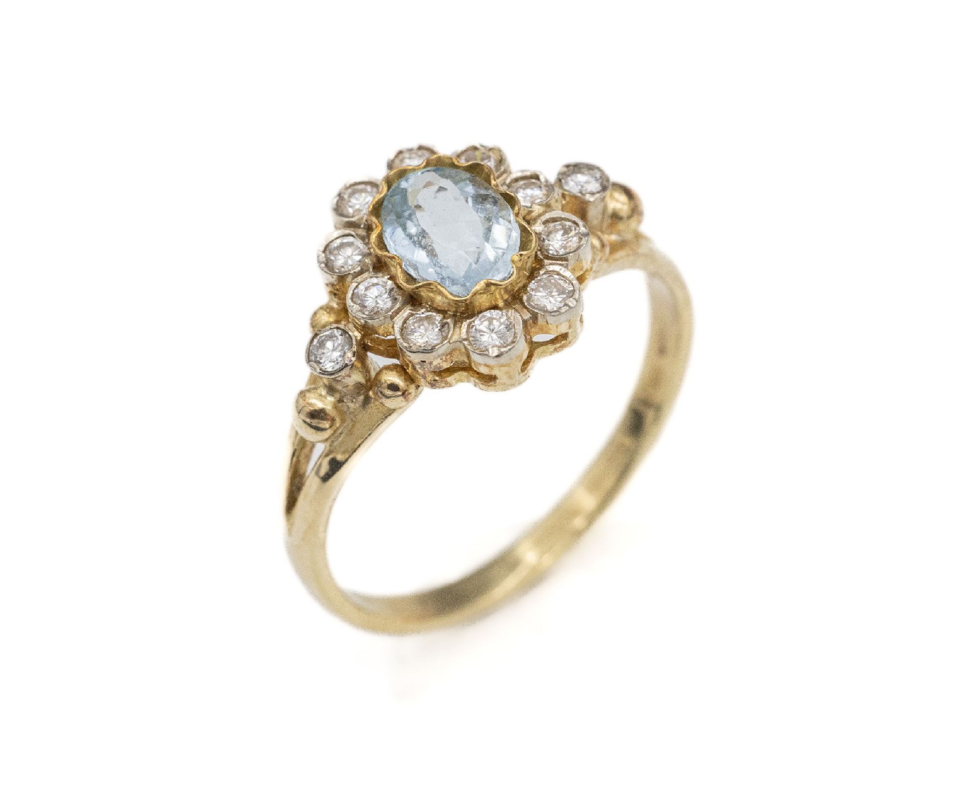 14 kt Gold Aquamarin-Brillant-Ring, GG 585/000, mittig