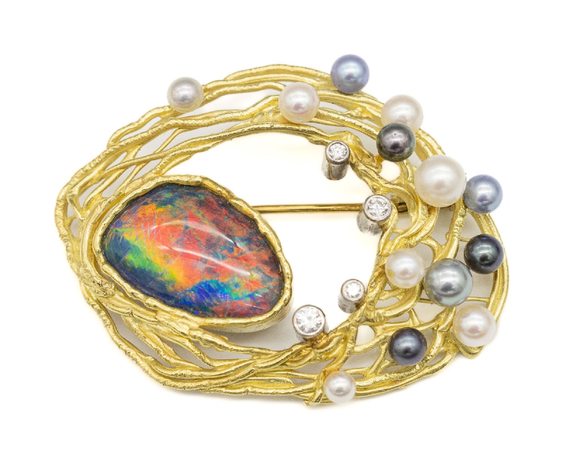 18 kt Gold Zuchtperl-Opal-Brosche,   GG 750/000,