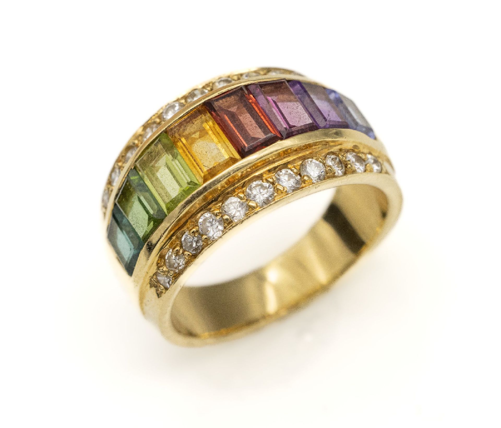 18 kt Gold Regenbogen-Farbstein-Brillant Ring, GG