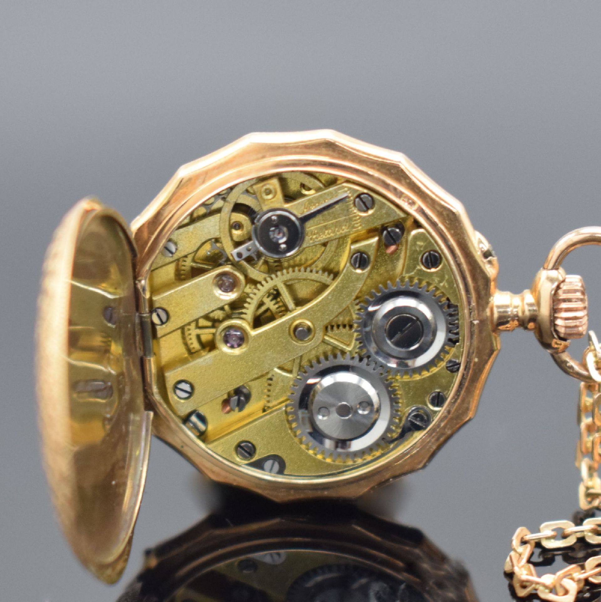 Offene Damentaschenuhr in RoseG 585/000 mit Goldkette in - Image 6 of 6