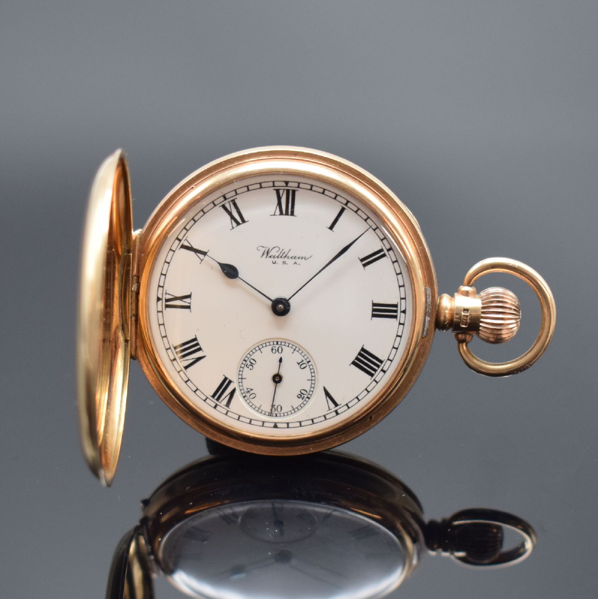 WALTHAM Savonette Herrentaschenuhr in RG 375/000, USA /