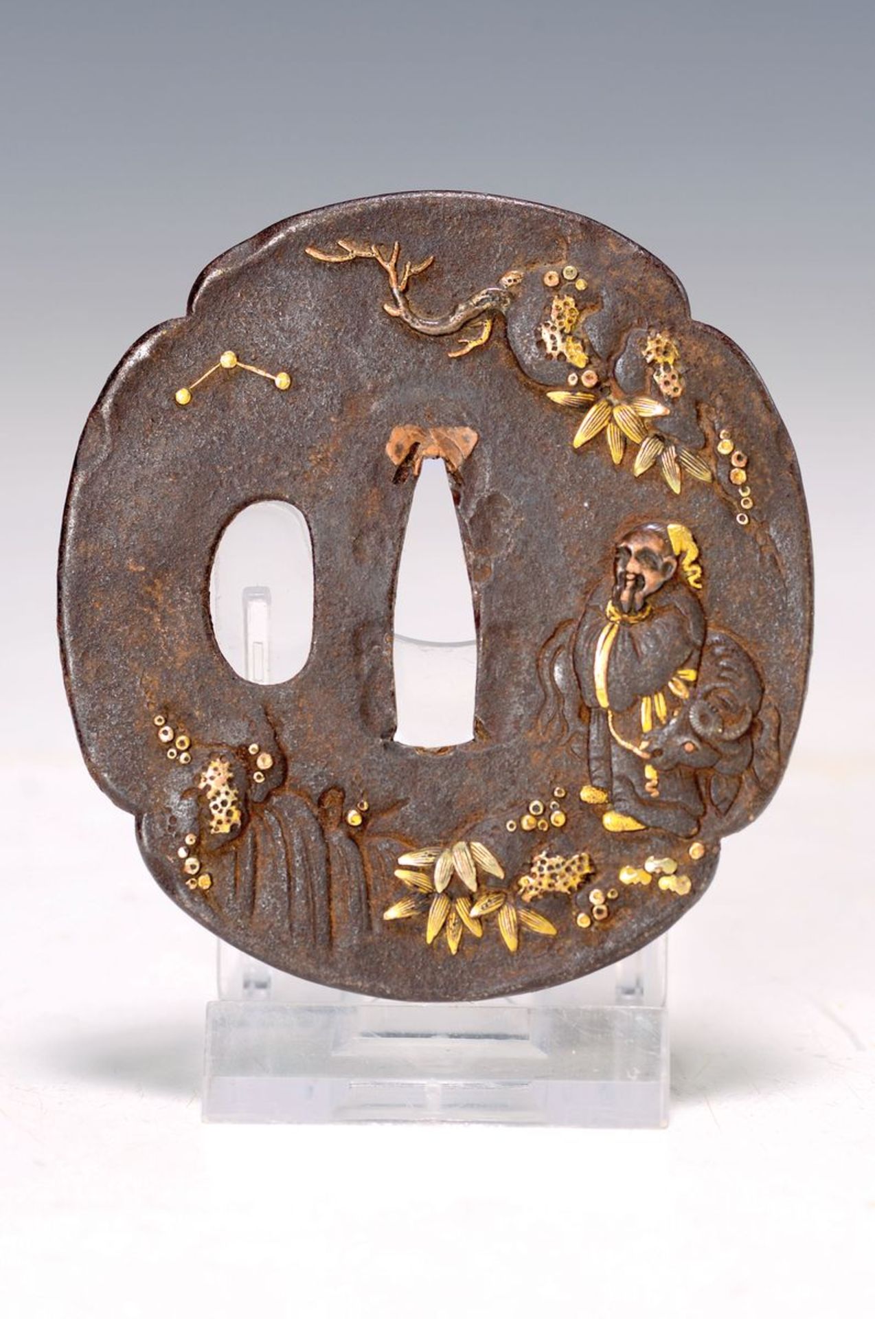 Tsuba, Japan, Edo-Zeit, Eisen, Hirte mit Büffel, Gold-