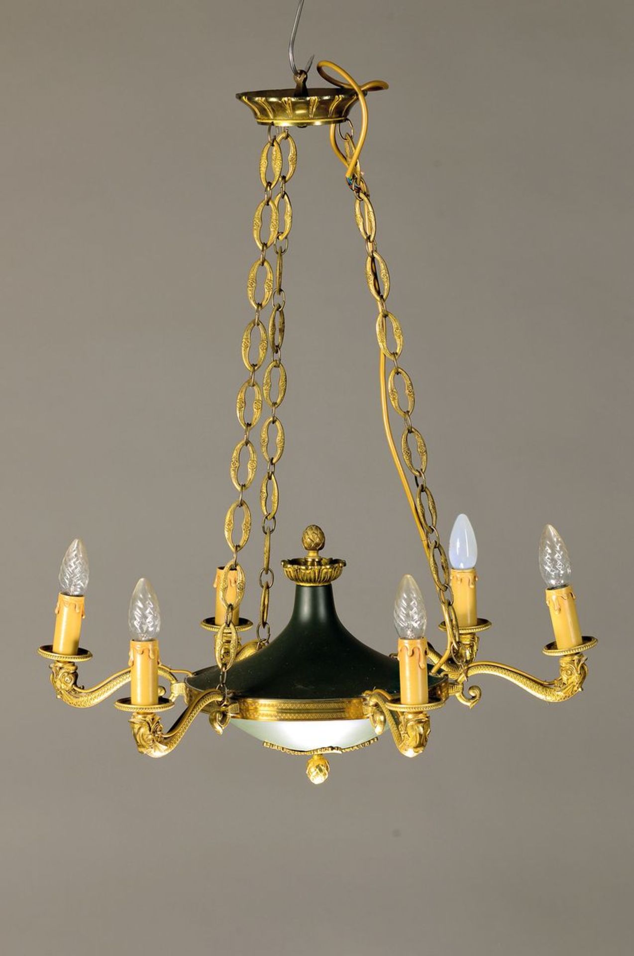 Deckenlampe, Empirestil, Mitte 20. Jh.,  wohl Messing