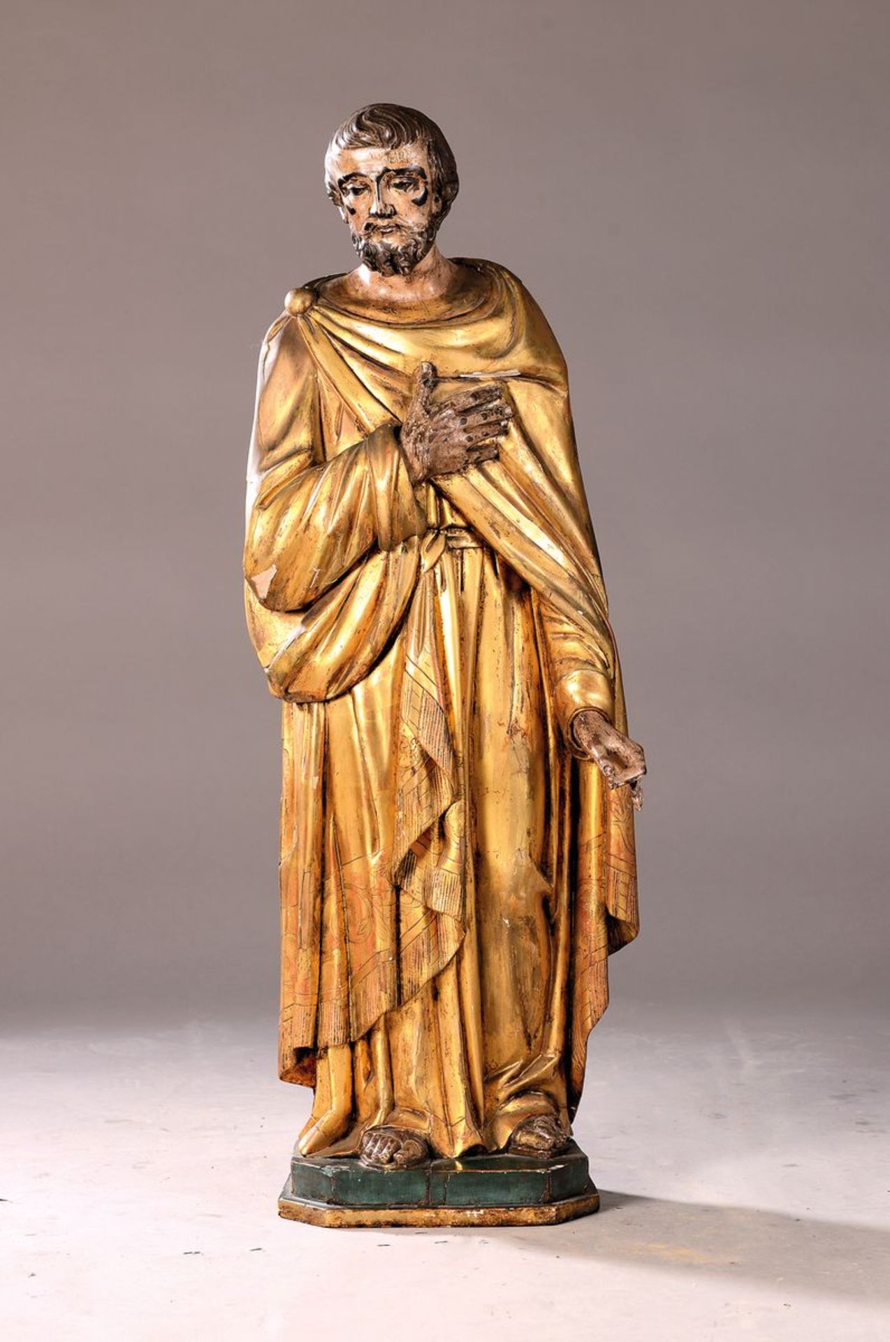 Große Heiligenfigur auf hohem Sockel, 19.Jh.,  Holz