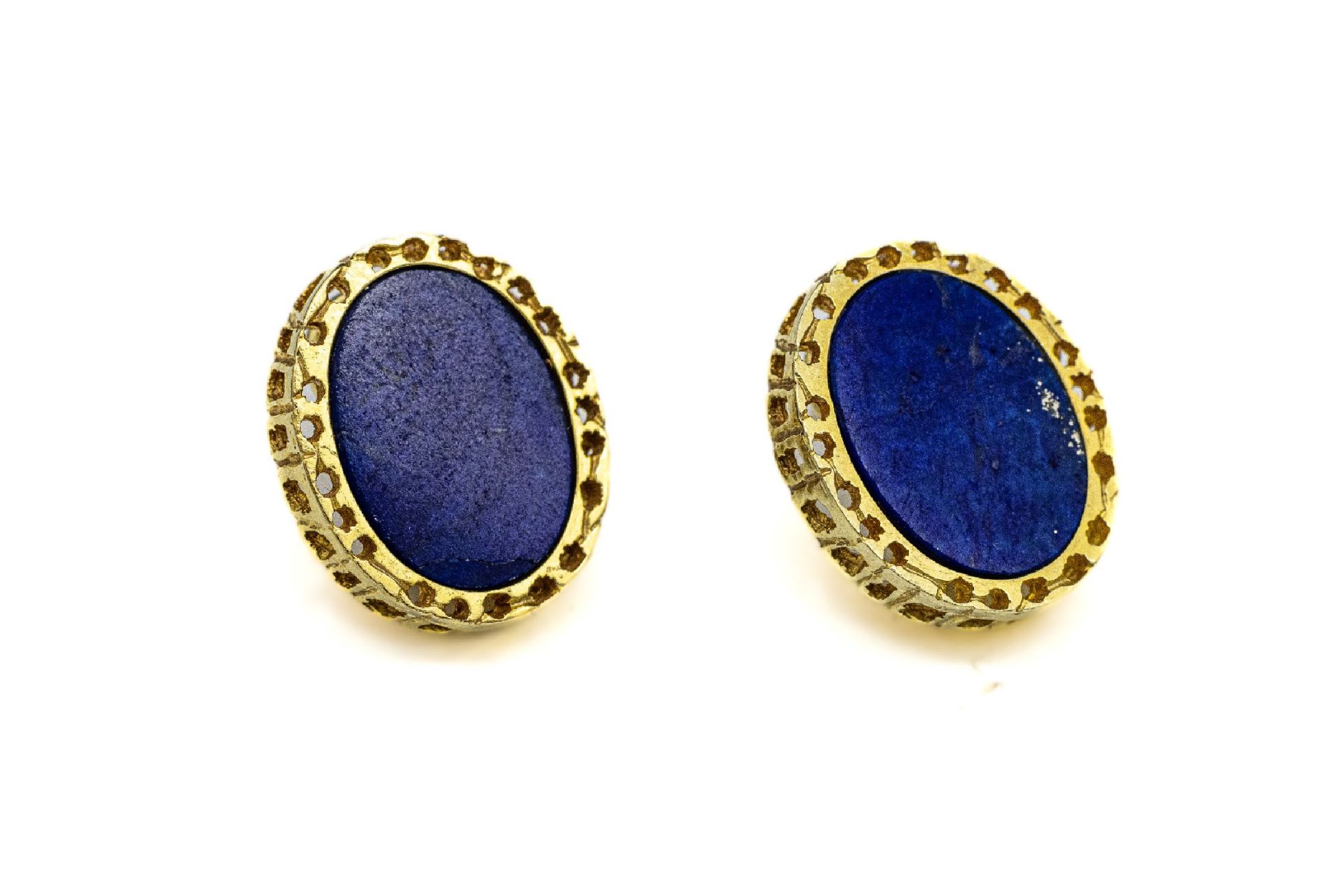 Paar 14 kt Gold Lapislazuli-Ohrstecker, GG 585/000, oval