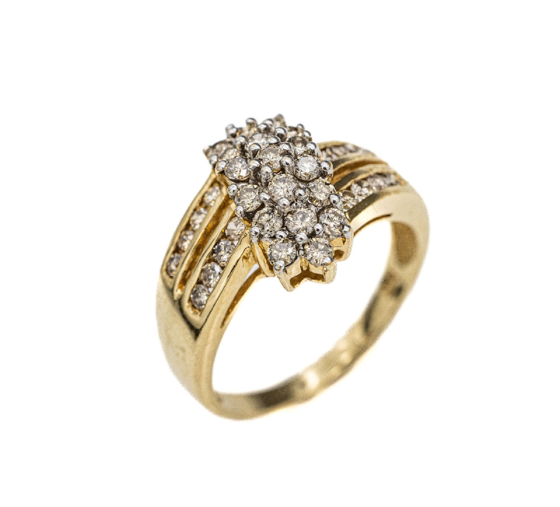 14 kt Gold Diamant-Ring, GG 585/000, asymm.Schiene bes.