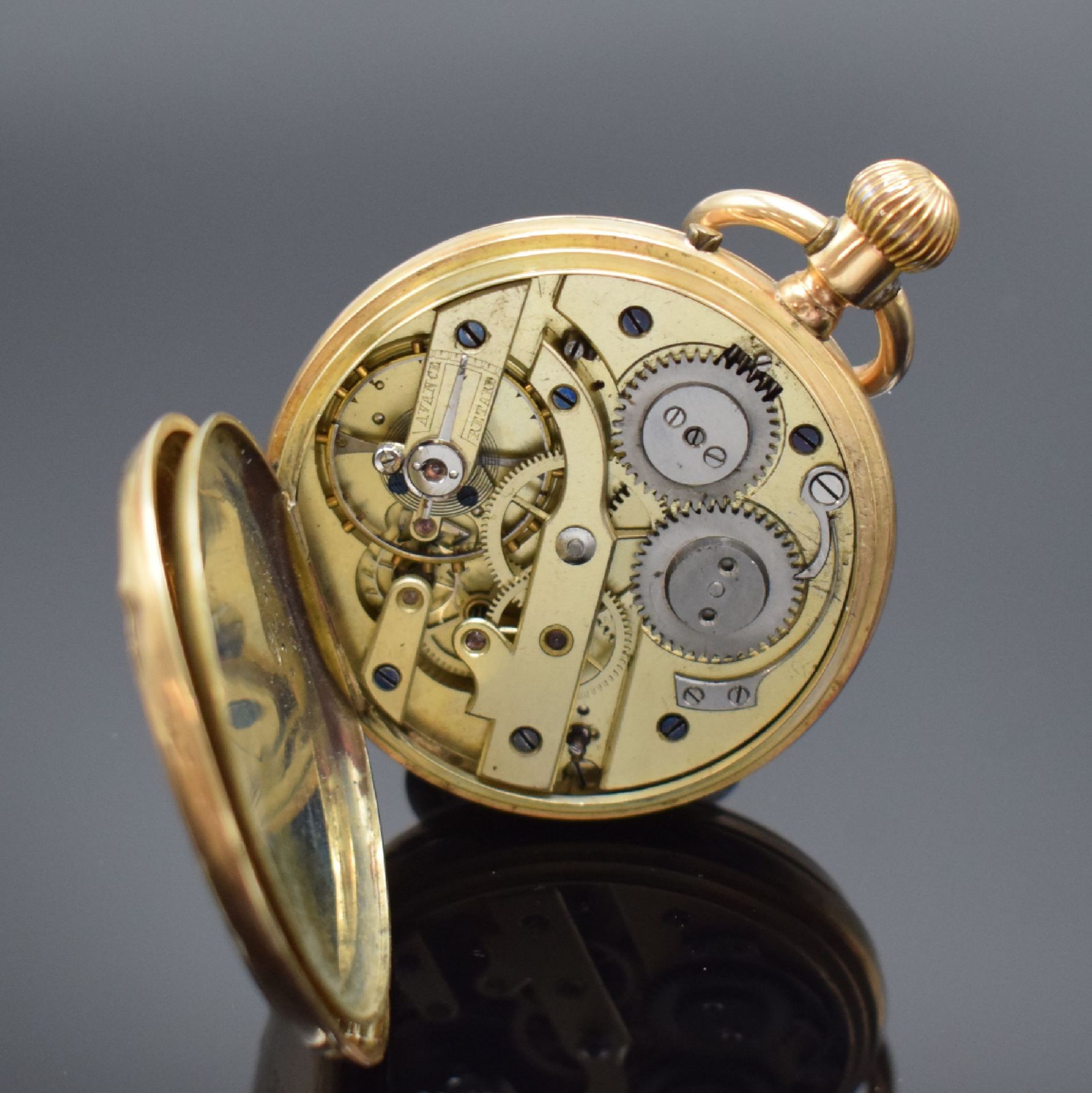 Offene Taschenuhr in RG 585/000, Schweiz um 1890, guill. - Bild 6 aus 6