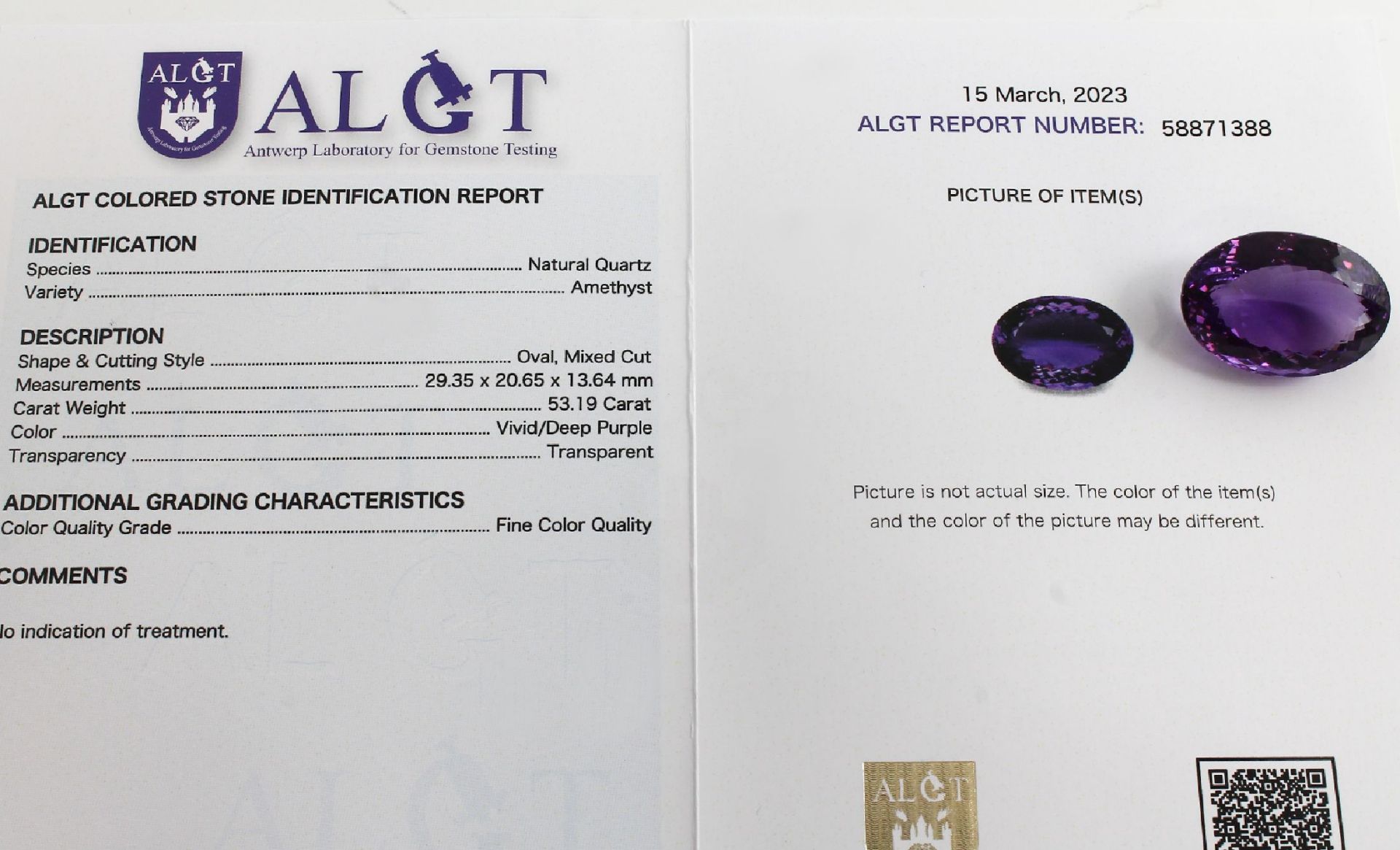 Ovalfacett. Amethyst ca. 53.19 ct,   ALGT Zertifikat - Bild 2 aus 2