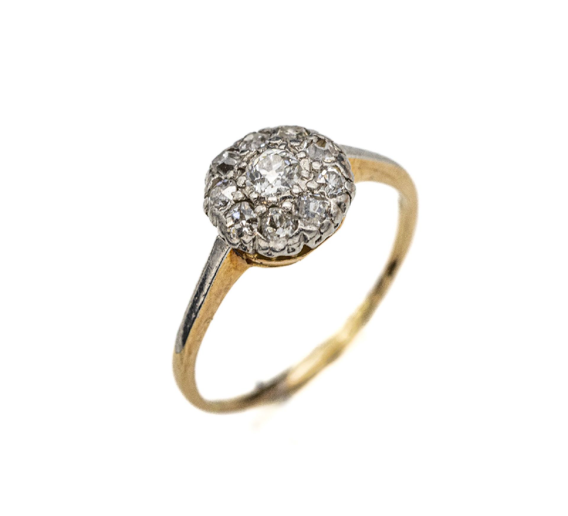 14 kt Diamant-Ring, um 1860, GG 585/000 undPlatin,