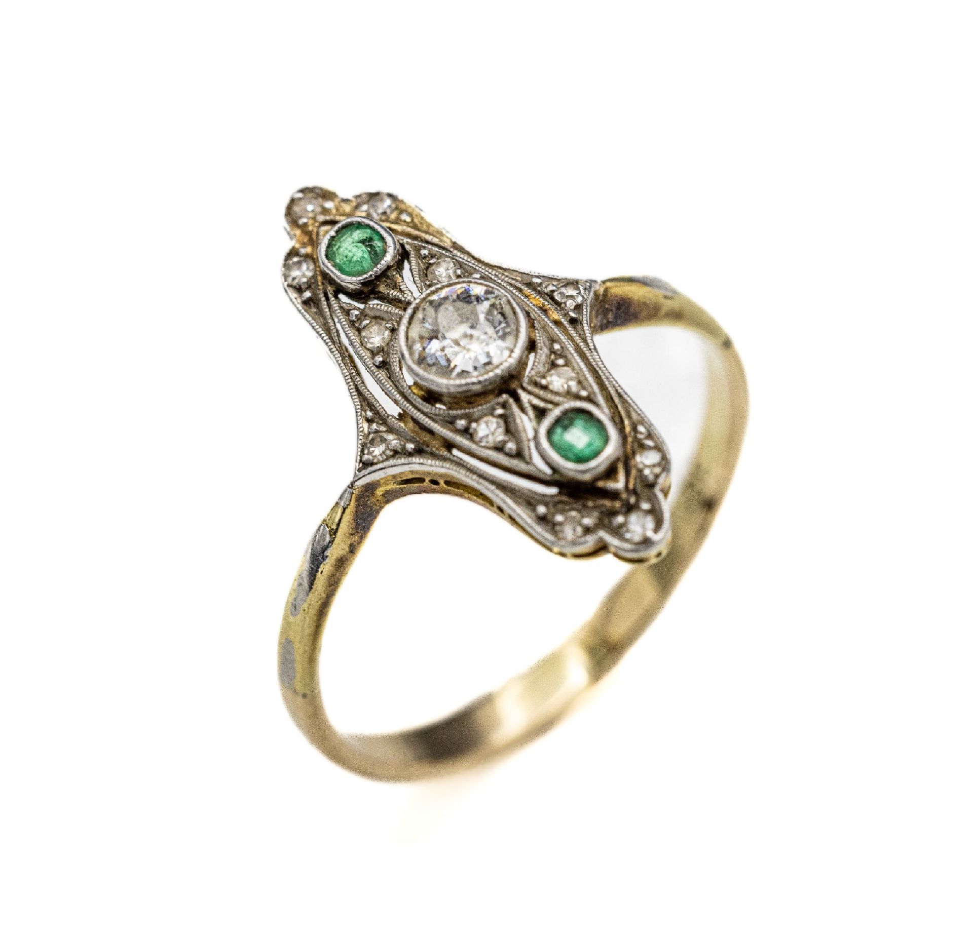 14 kt Gold Diamant-Schiffchenring,   um 1925/30, GG/WG