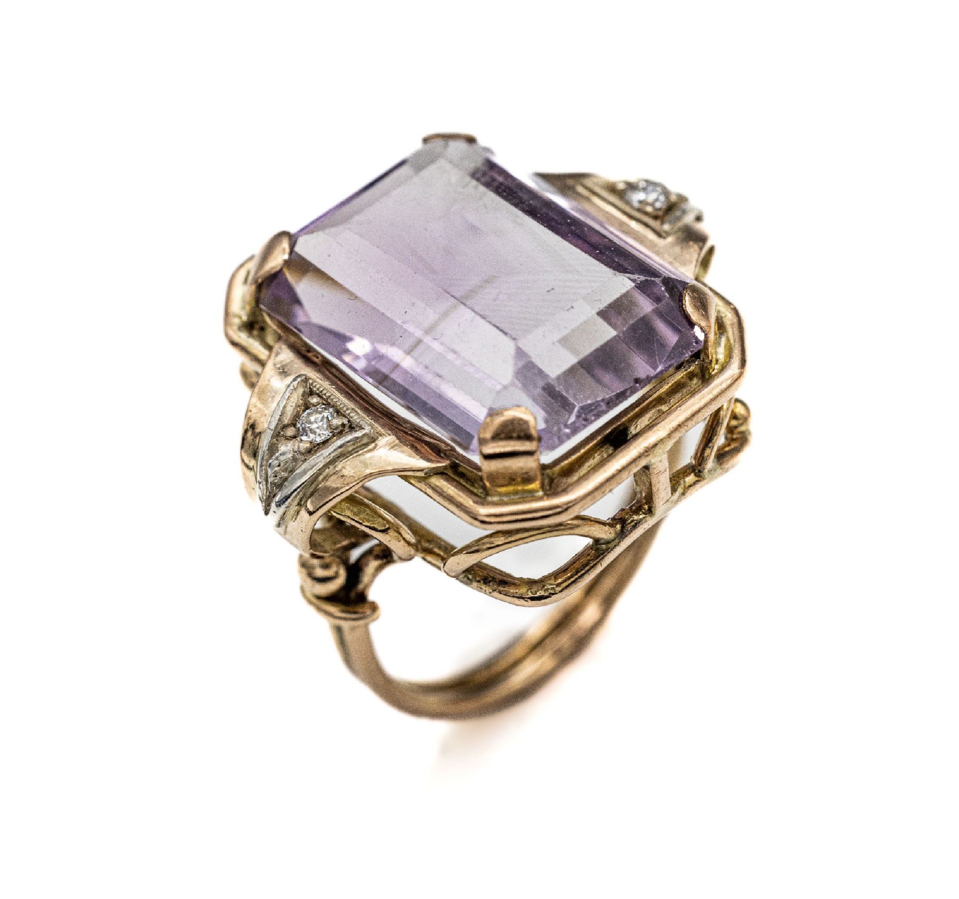 14 kt Gold Amethyst-Brillant-Ring,   deutsch 1940er Jahre,