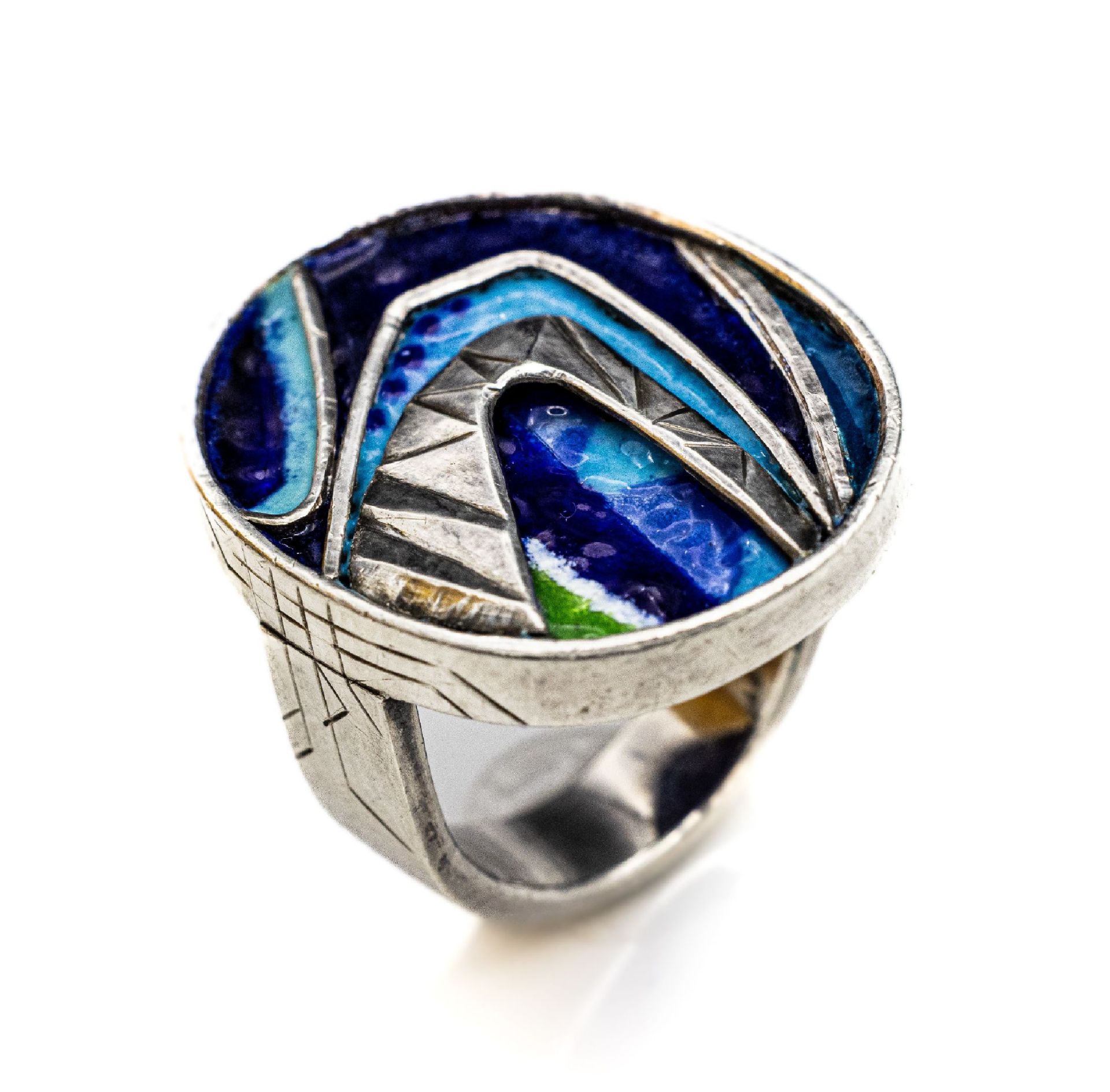 Design-Ring mit Email,   Silber gepr., um 1960-70, ovaler