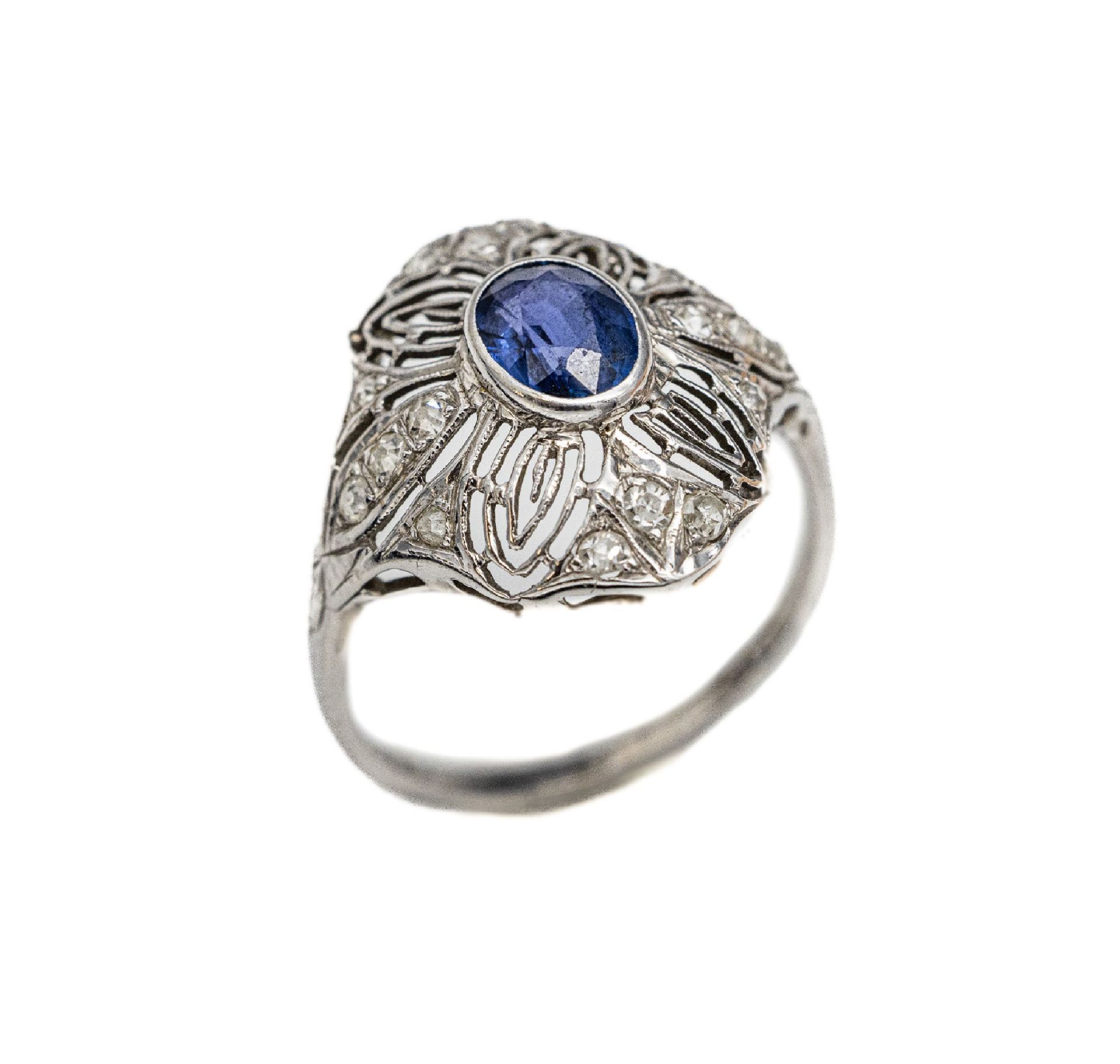 Platin Saphir-Diamant-Ring, um 1900,   Platingepr.,