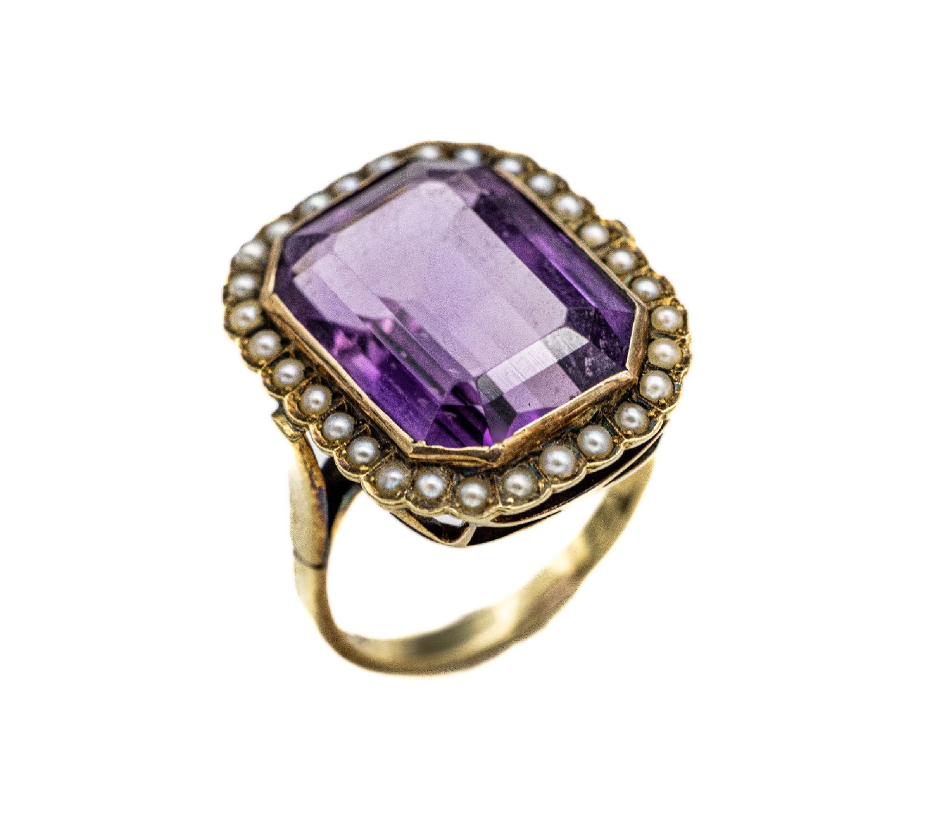 14 kt Gold Amethyst-Ring mit Saatperlen, GG585/000,