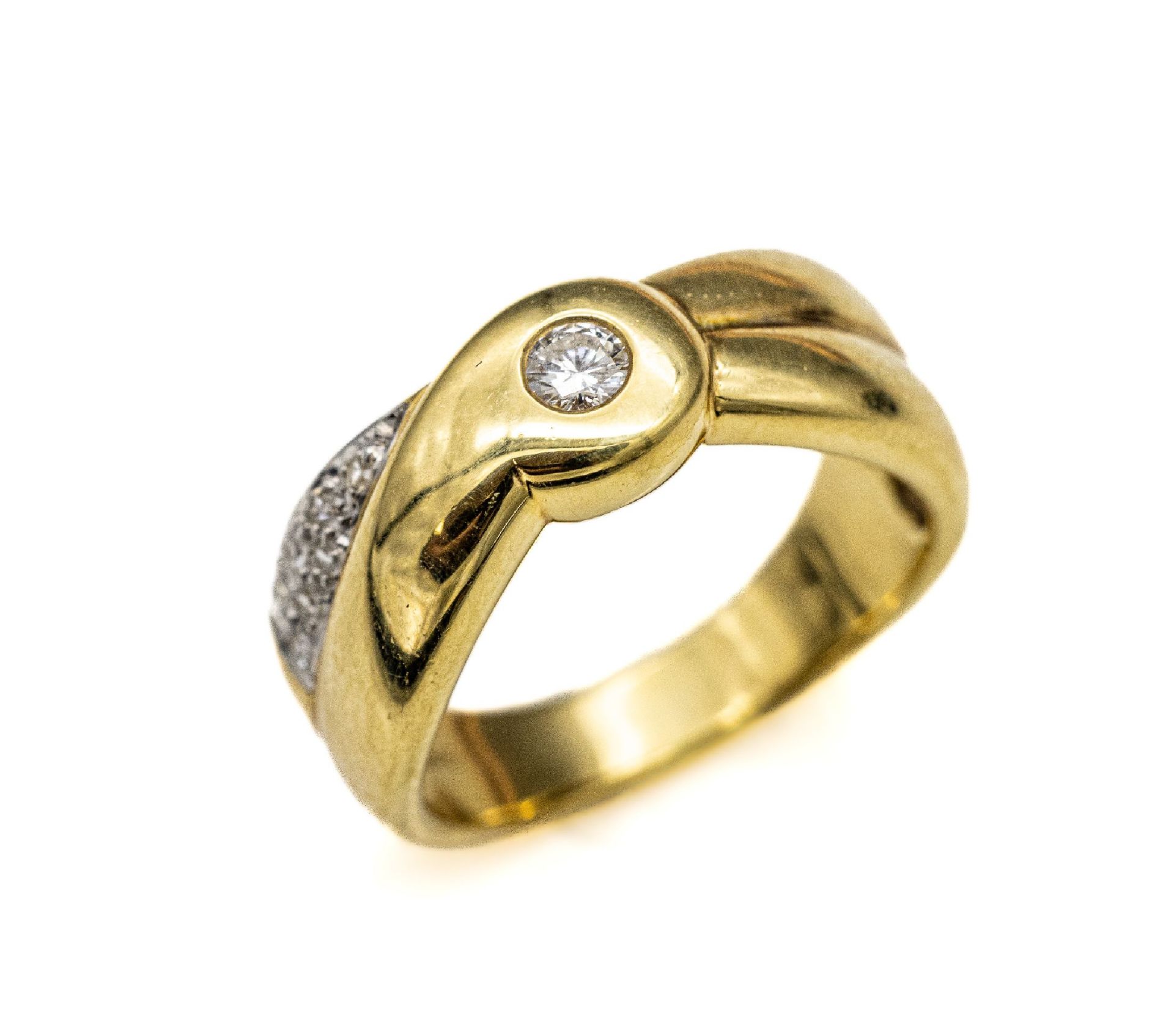 14 kt Gold Diamant-Ring, GG 585/000, 1 Brillant und 7