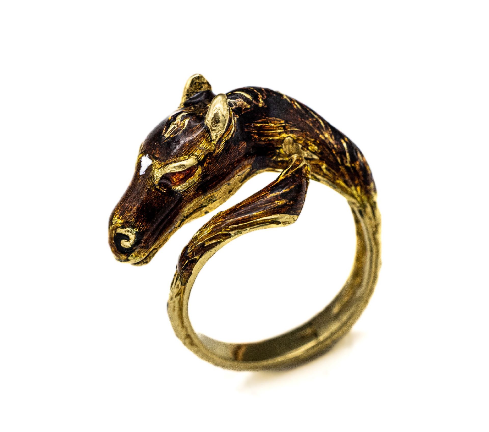 18 kt Gold Ring 'Pferd',   GG 750/000, Ringschiene in Form