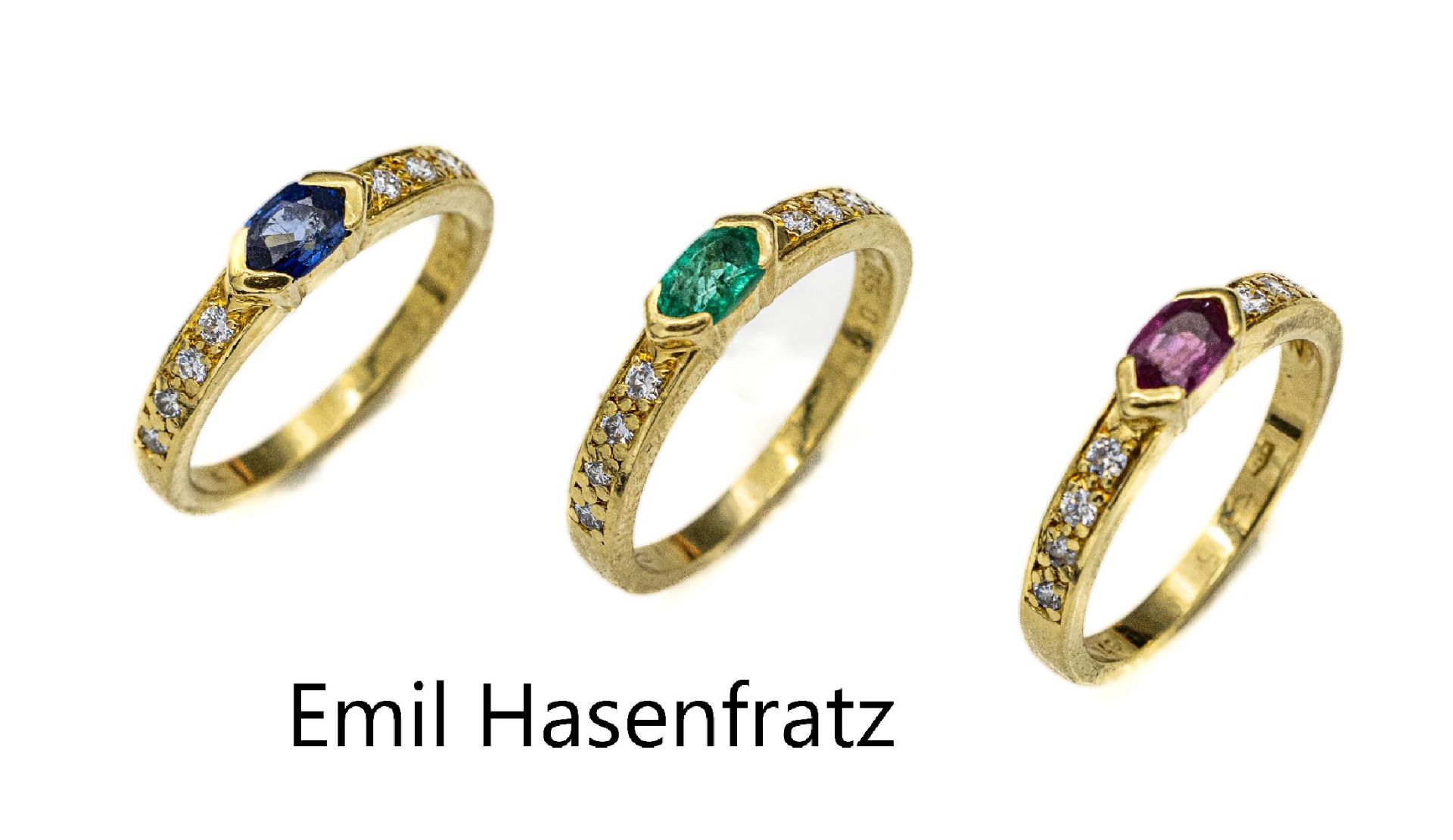 18 kt Gold Farbstein-Brillant-Ringtrio,   GG 750/000,