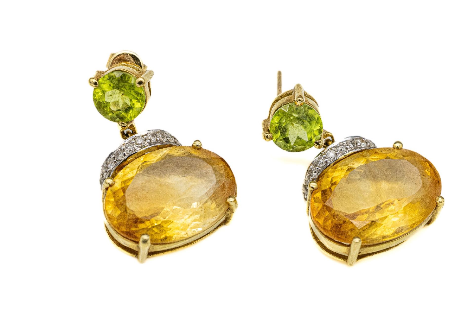 Paar 18 kt Gold Citrin-Peridot-Diamant- Ohrstecker,