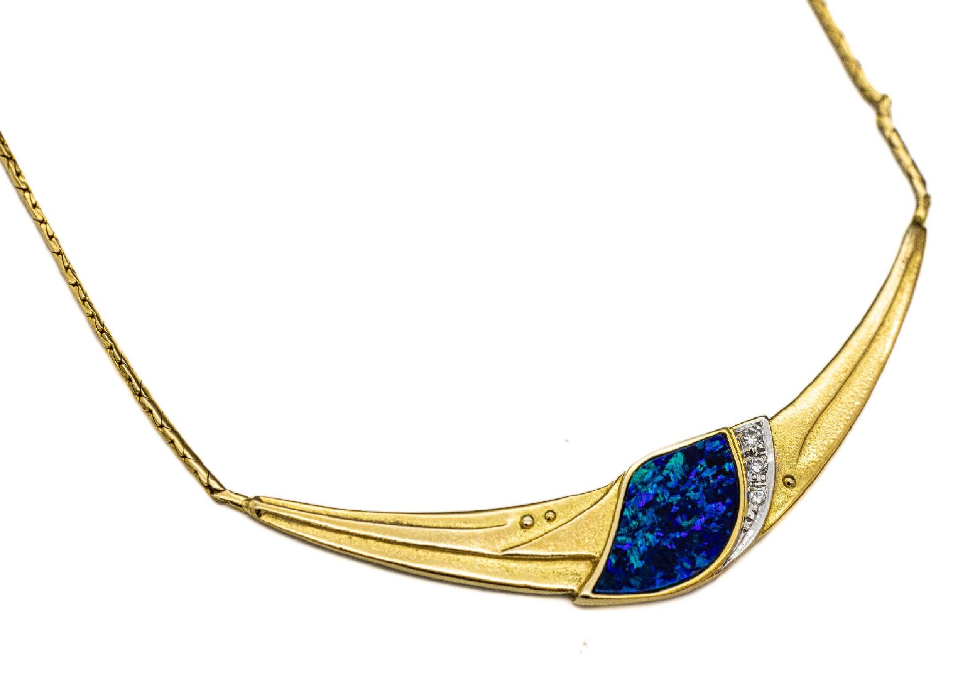 14 kt Gold Diamant-Opaltriplette-Collier,   GG/WG 585/000,