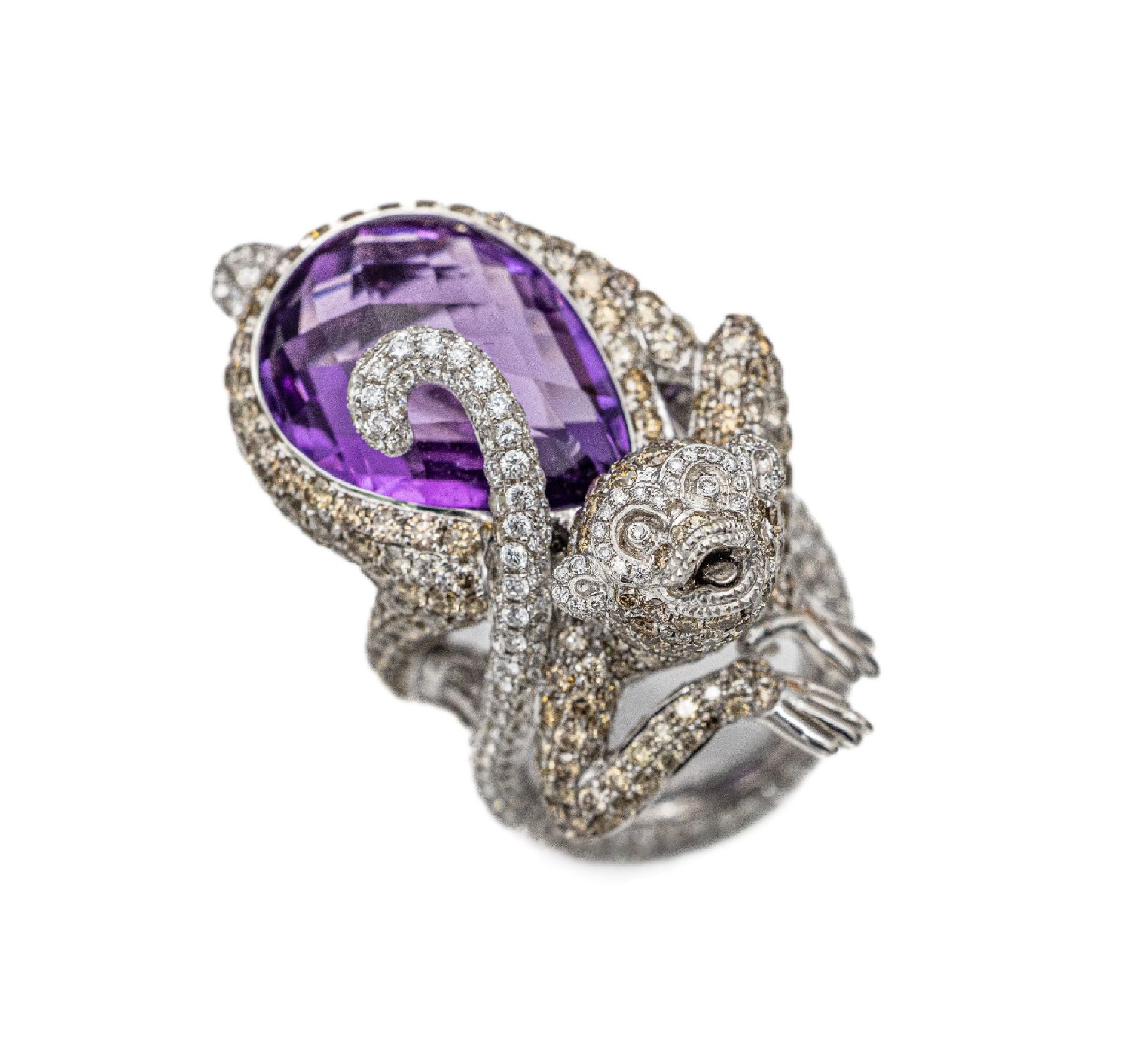 Ausgefallener 18 kt Gold Amethyst-Brillant- Ring, 'Affe'