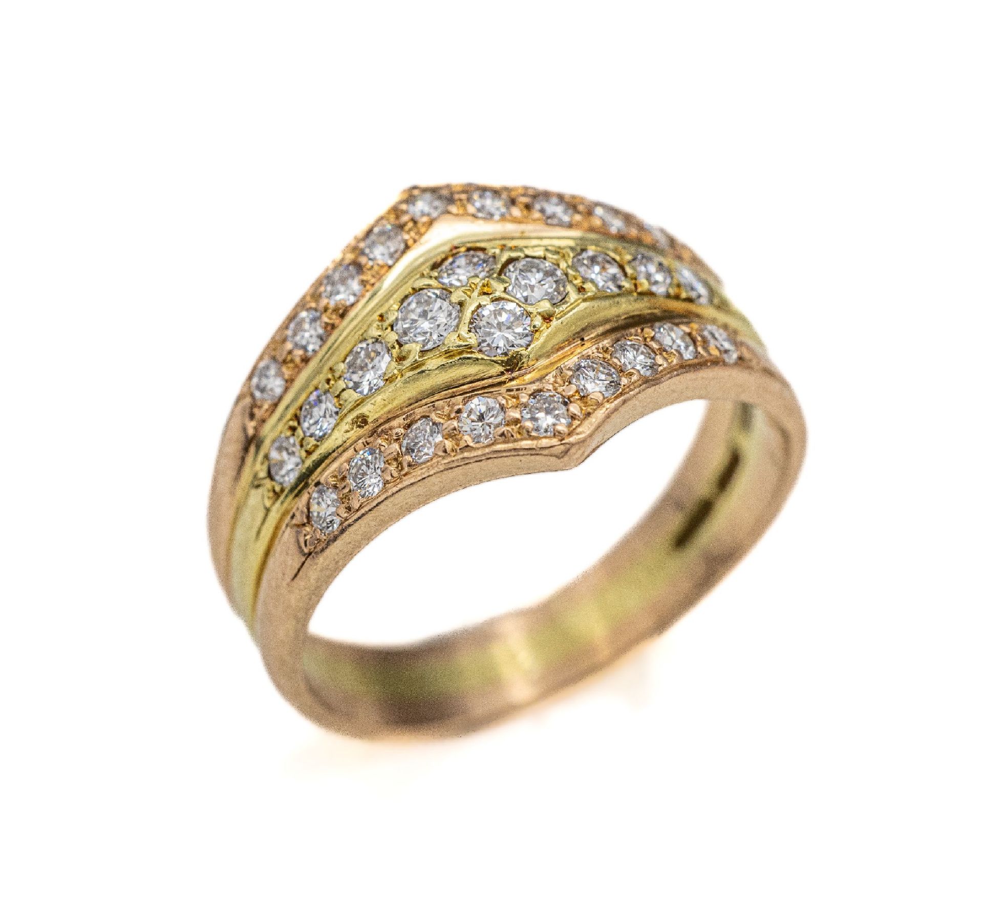 14 kt Gold Brillant-Ring, GG/WG/RG 585/000,3-rhg. asymm.