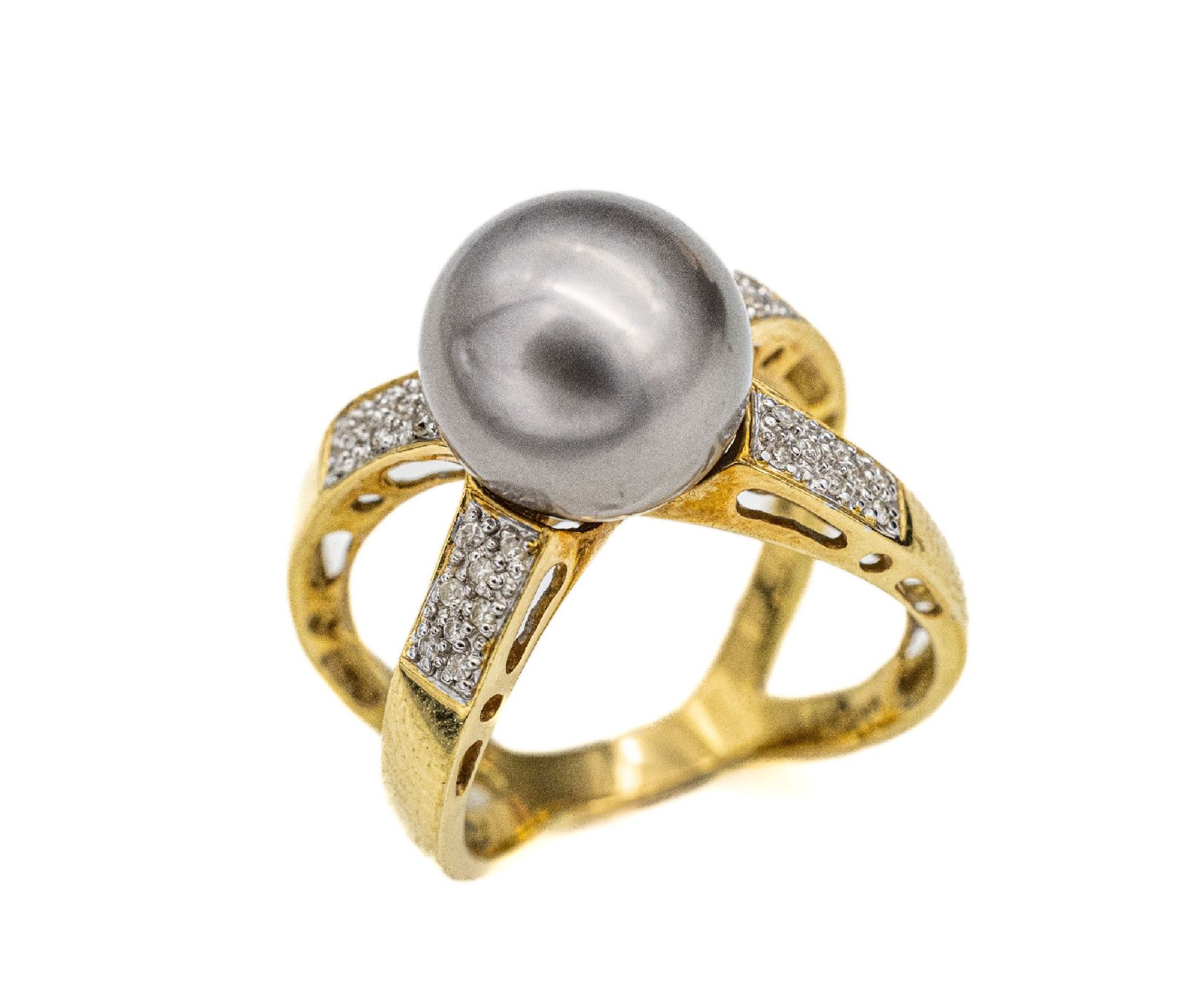 18 kt Gold Perl-Diamant-Ring,   GG 750/000, Ringschiene in