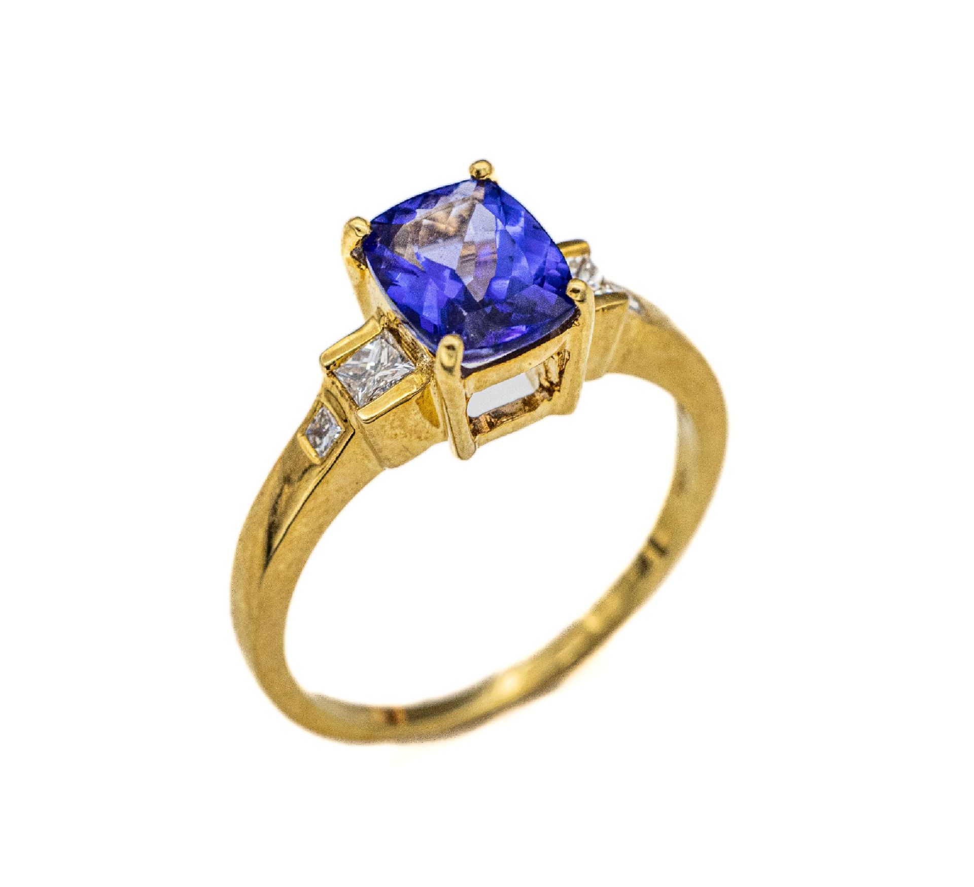 18 kt Gold Tansanit-Diamant-Ring,   GG 750/000, facett.