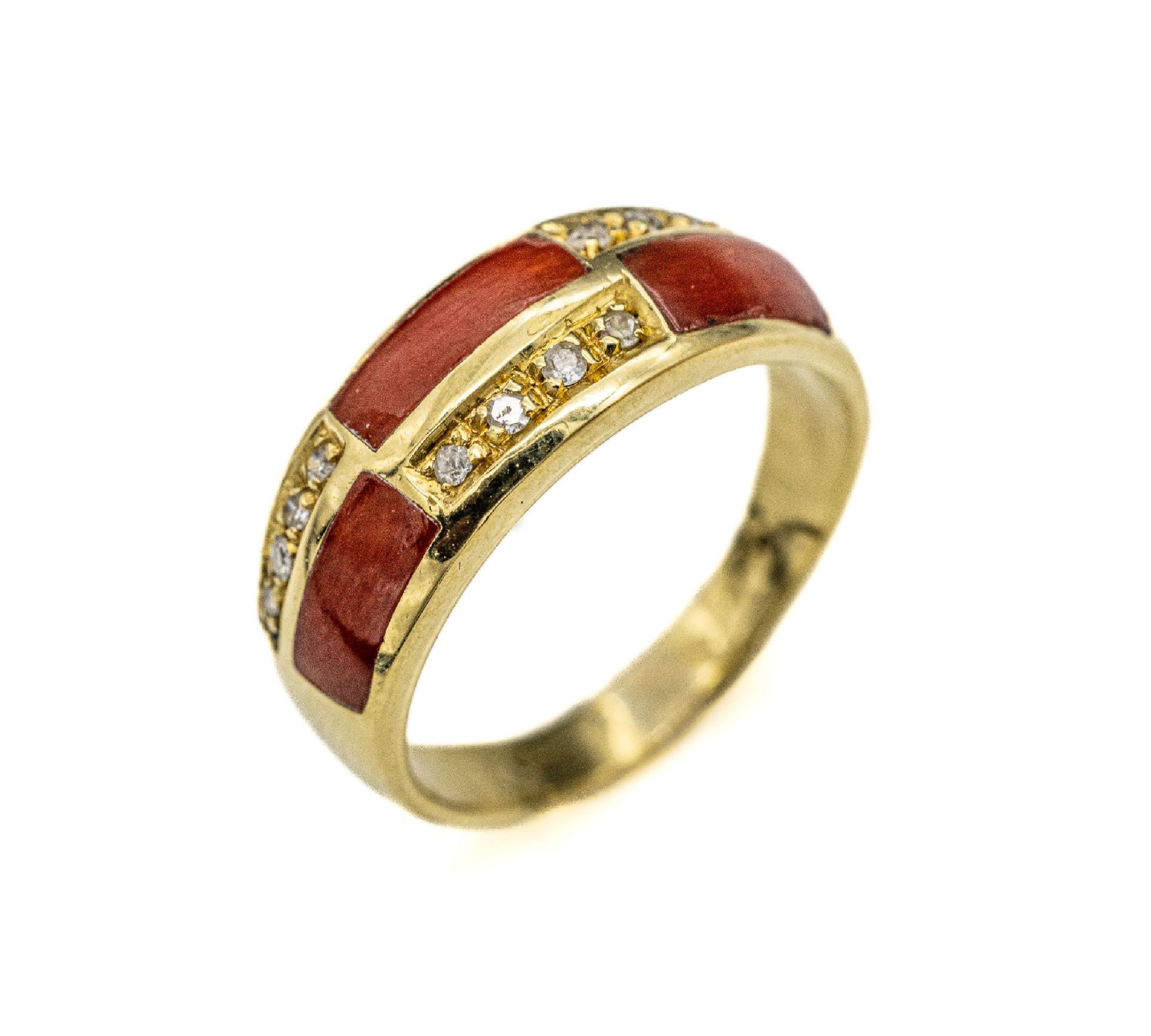 18 kt Gold Korallen-Diamant-Ring,   GG 750/000,