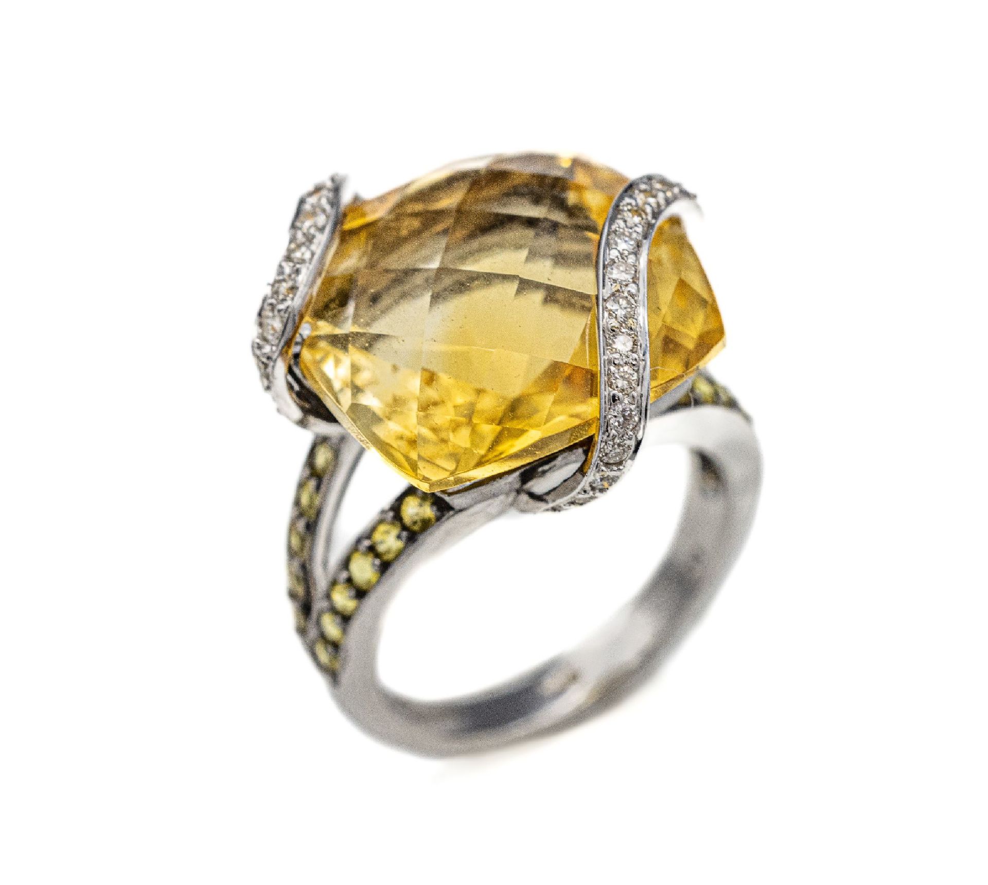 18 kt Gold Citrin-Saphir-Brillant-Ring,   WG 750/000,
