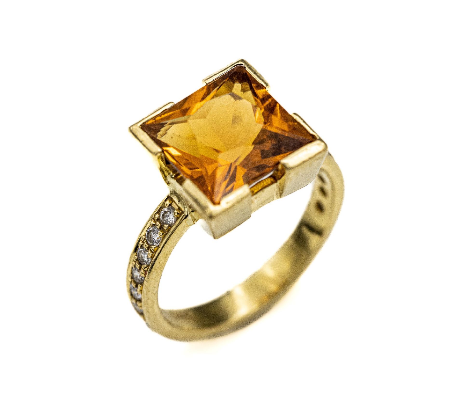 18 kt Gold Citrin-Diamant-Ring, GG 750/000,facett.