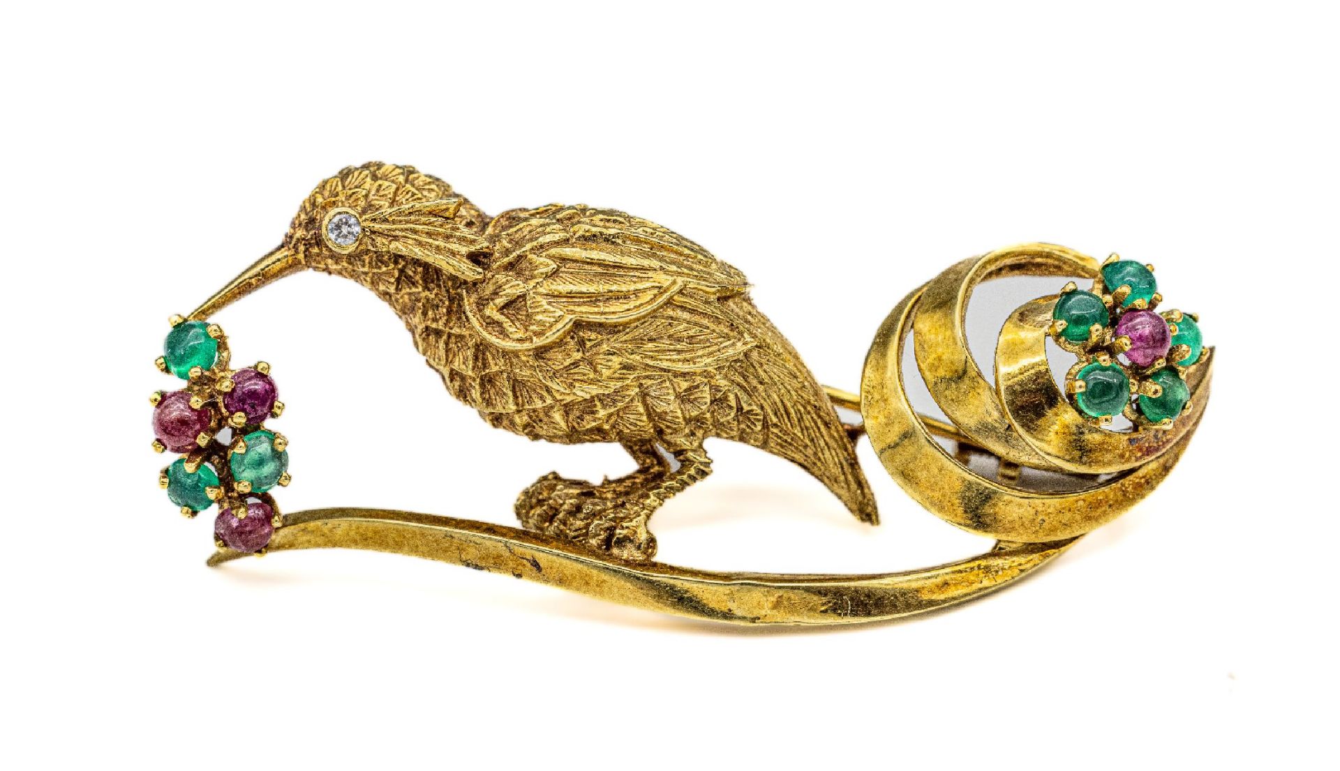 18 kt Gold Farbstein-Brosche 'Vogel',   GG 750/000,