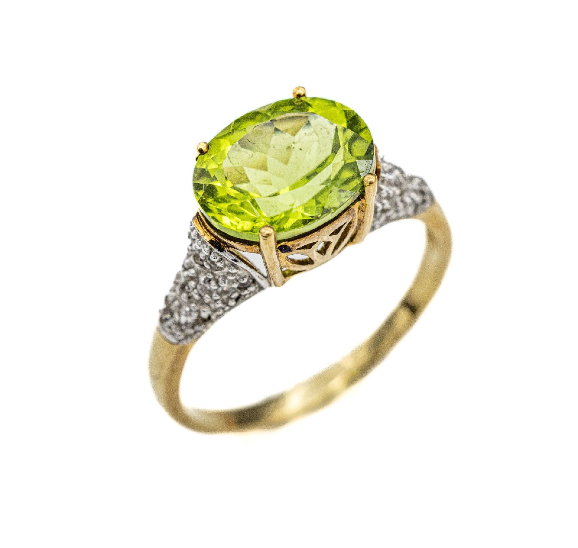 9 kt Gold Peridot-Diamant-Ring, GG/WG 375/000, mittig