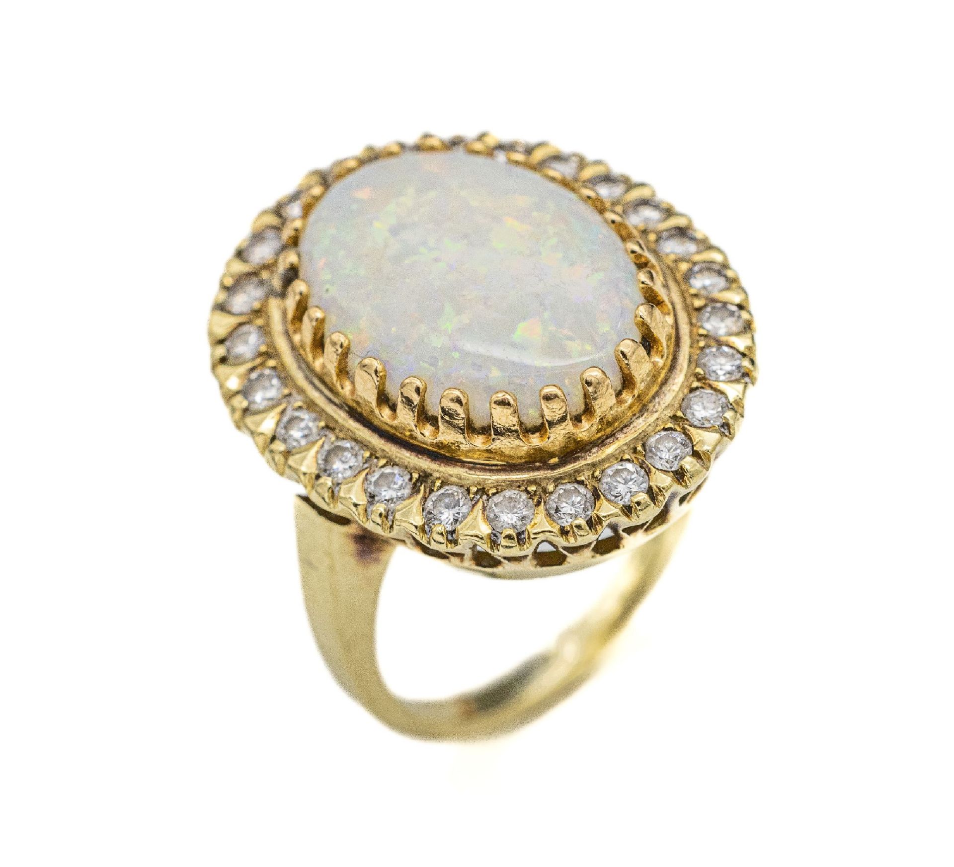 14 kt Gold Opal-Diamant-Ring,   GG 585/000, ovaler