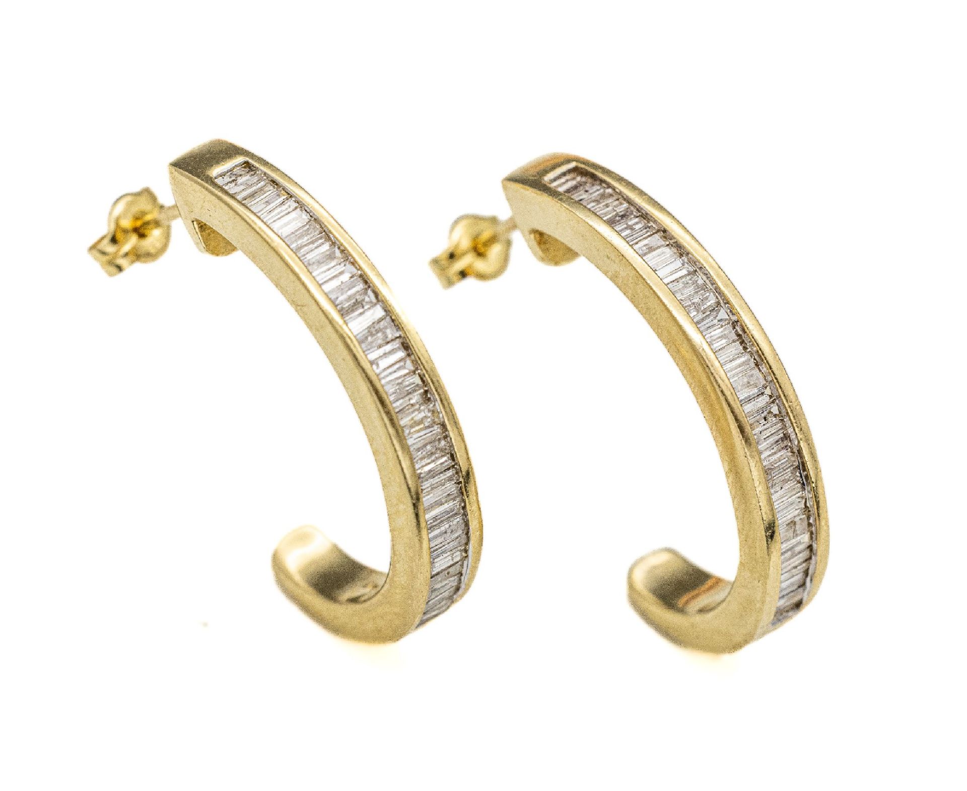 Paar 14 kt Gold Diamant-Halbcreolen, GG 585/000,