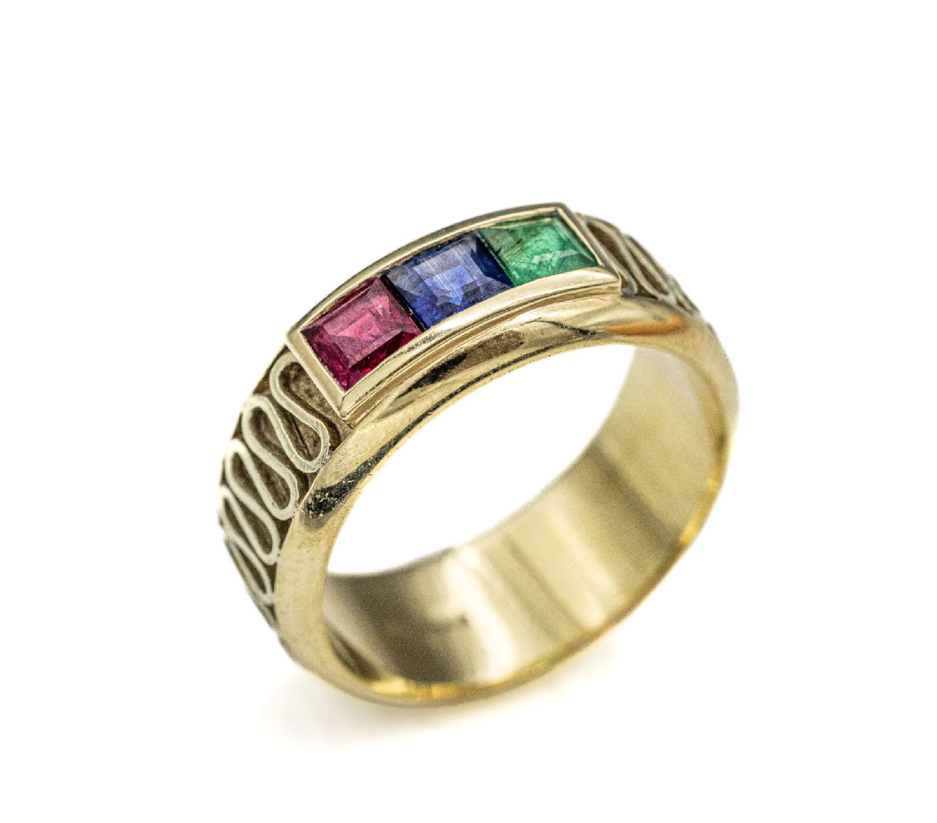 14 kt Gold Farbstein-Ring,   GG 585/000, geschwungene