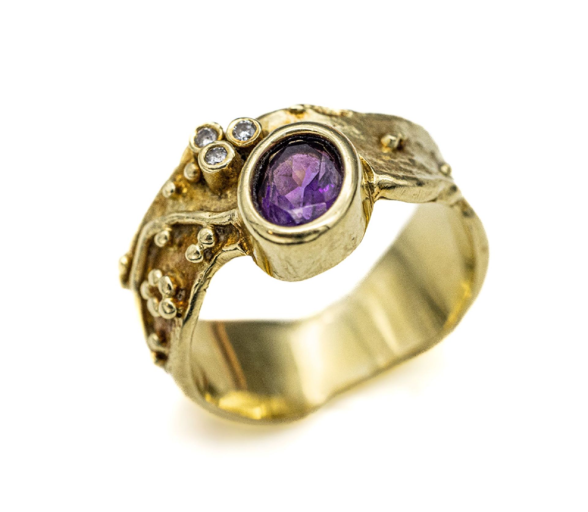 14 kt Gold Amethyst-Diamant-Ring,   GG 585/000 gepr.,