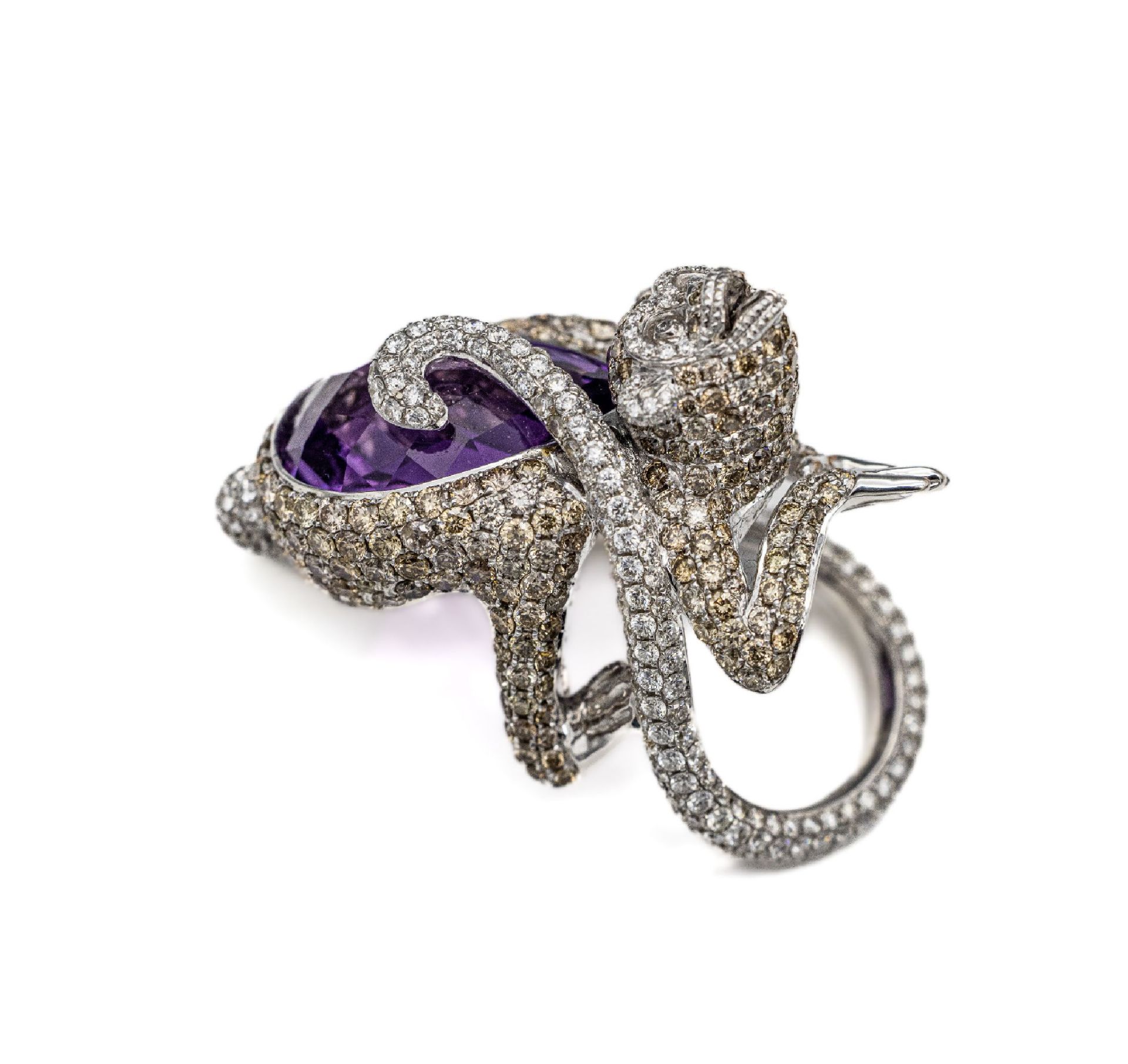 Ausgefallener 18 kt Gold Amethyst-Brillant- Ring, 'Affe' - Image 2 of 3