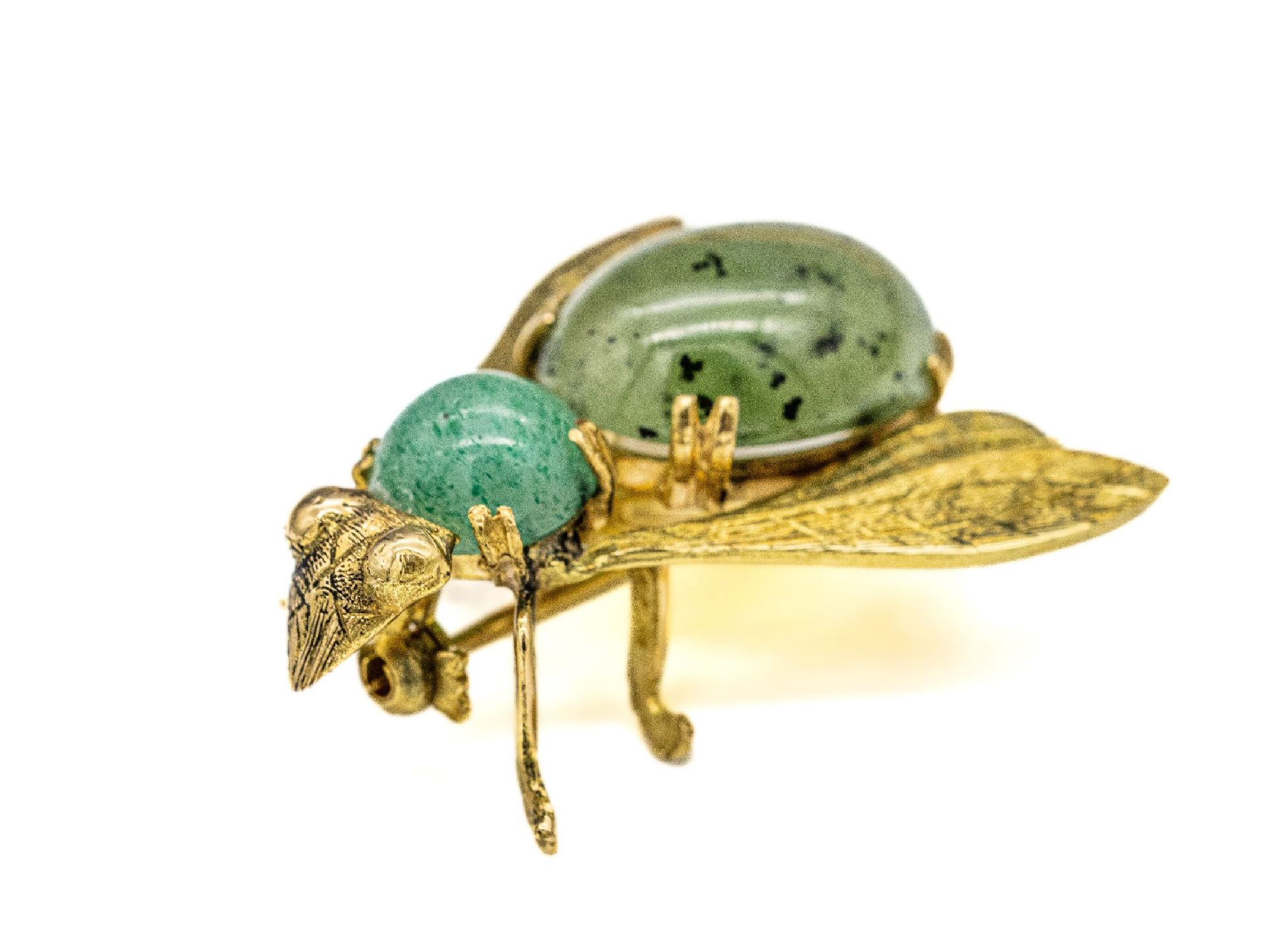 18 kt Gold Brosche 'Insekt' mit Jade und Amazonit, GG