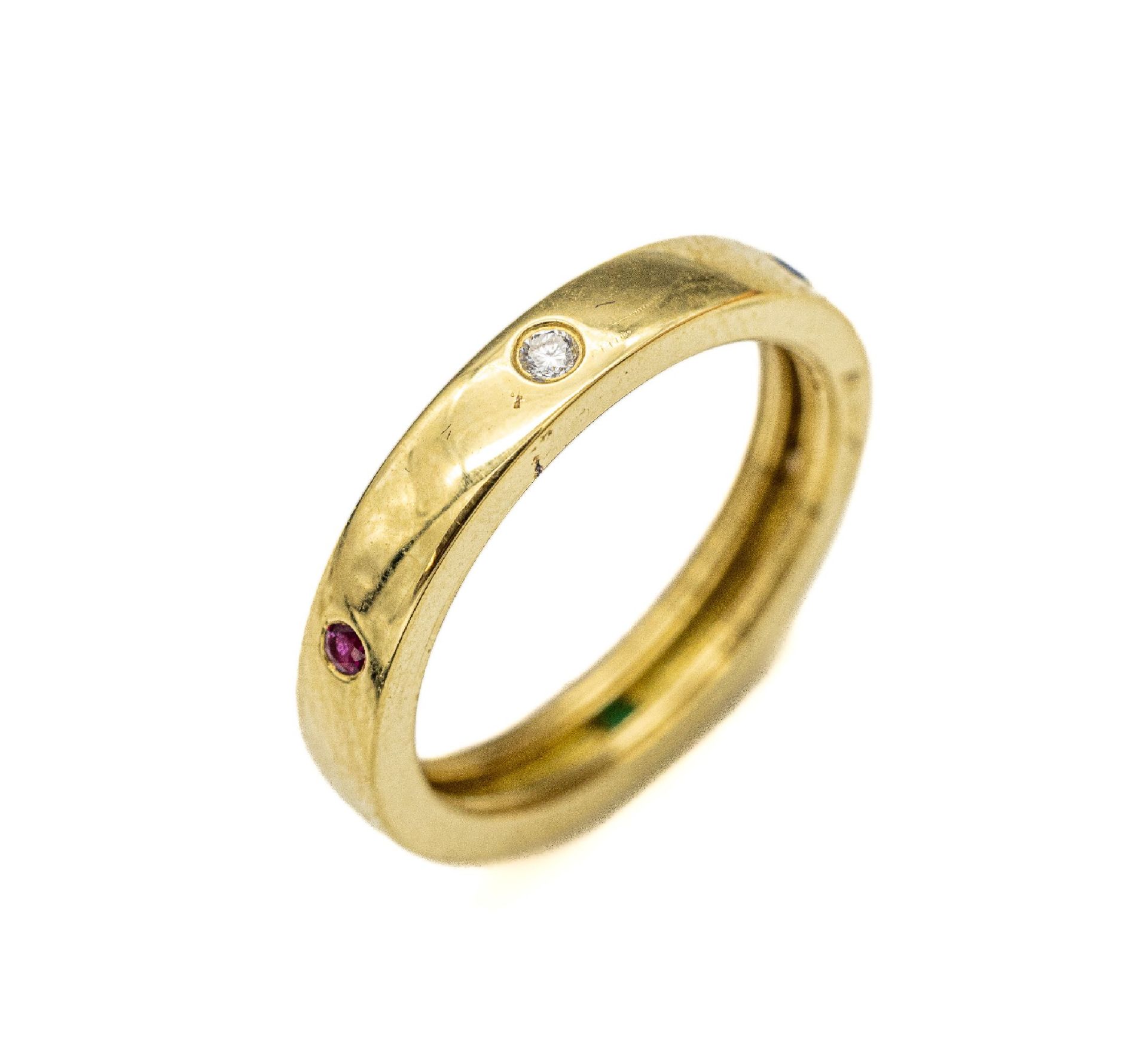 18 kt Gold Brillant-Farbstein-Ring,   GG 750/000, facett.