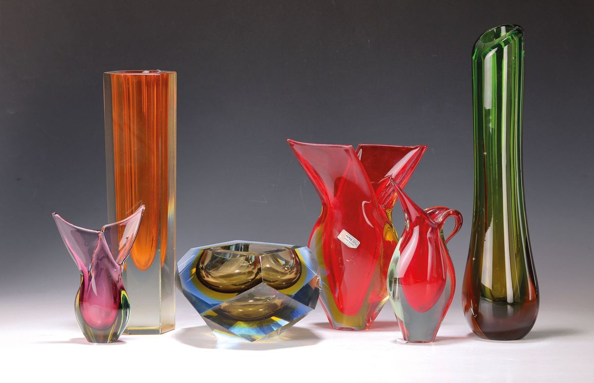 Fünf Vasen und eine Schale, Murano, Italien, 2.H.20.Jh.,