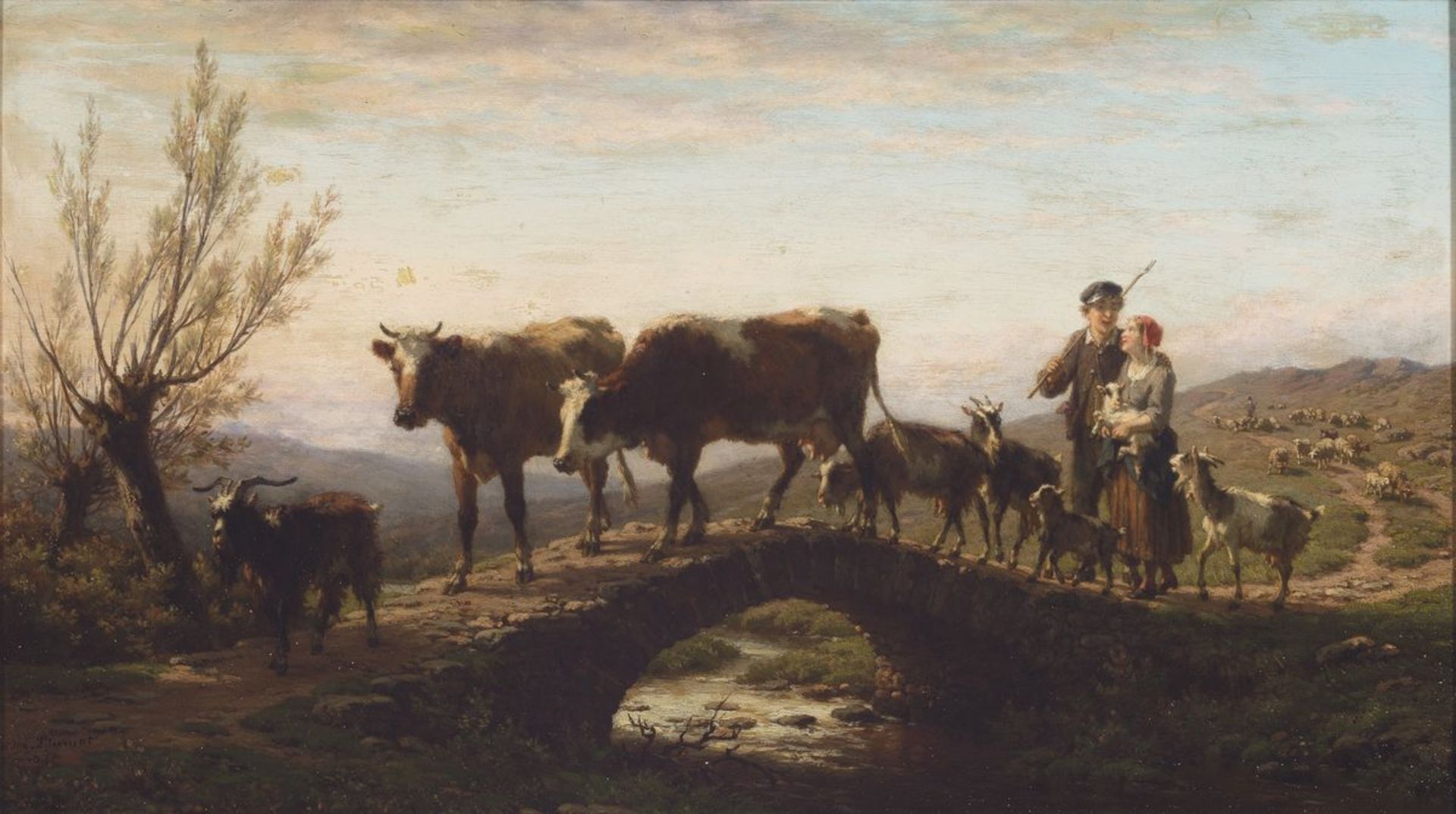 André Plumot, 1829 - 1906, , Schäferpaar mit Tieren in